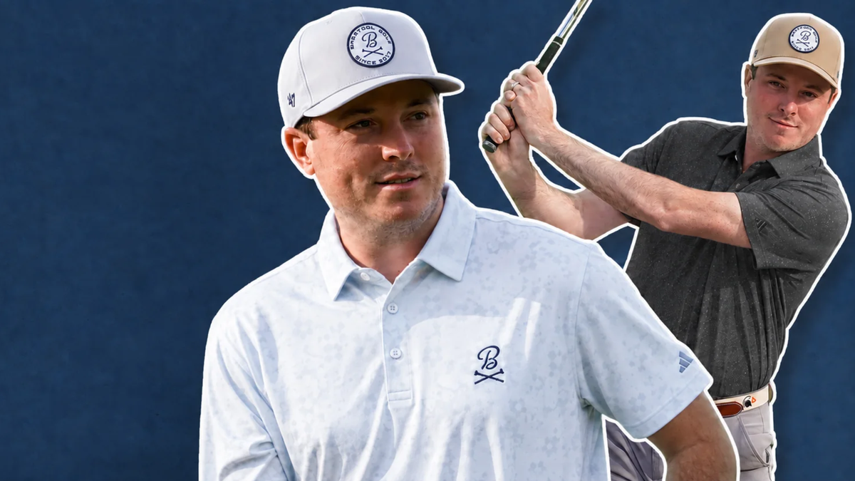 Two golfers in Barstool Golf polos and caps, one in a white patterned polo and one mid-swing in a charcoal polo