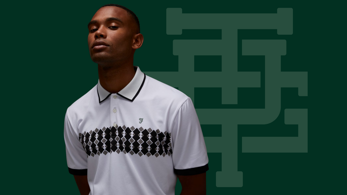 Golfer in a white Farah polo with a black and white diamond band across the chest, on a Three Putt Golf monogram backdrop