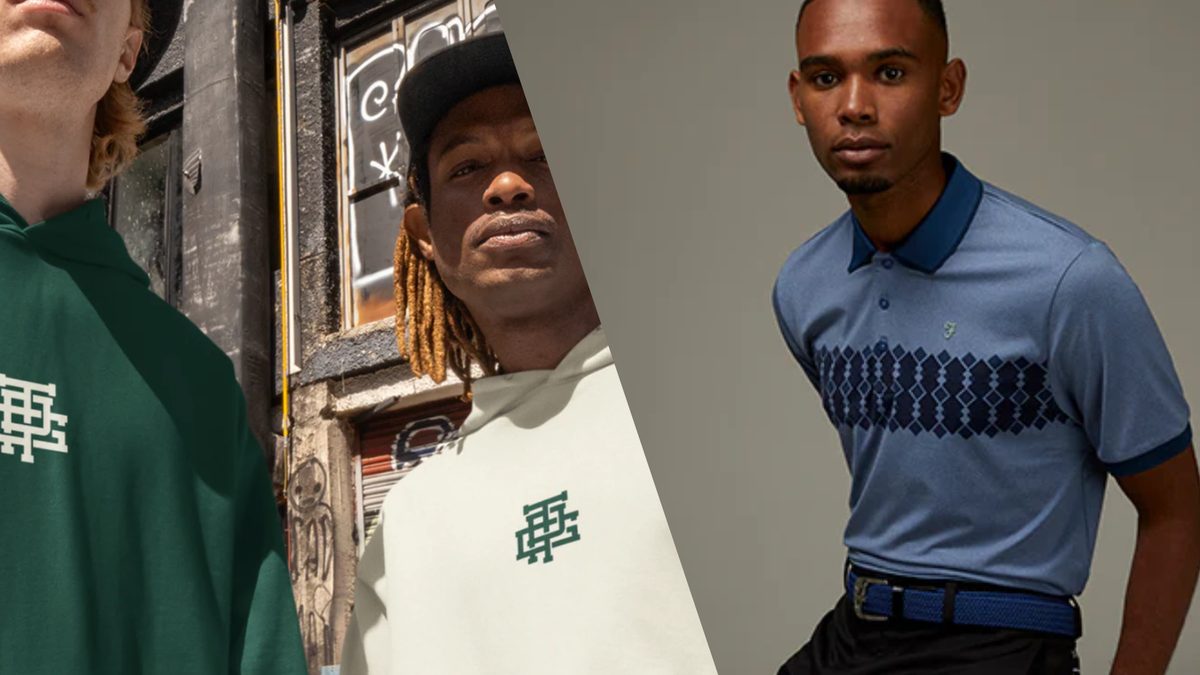 Split image: Three Putt Golf hoodies on the left, a man in a blue Farah polo with a diamond band on the right