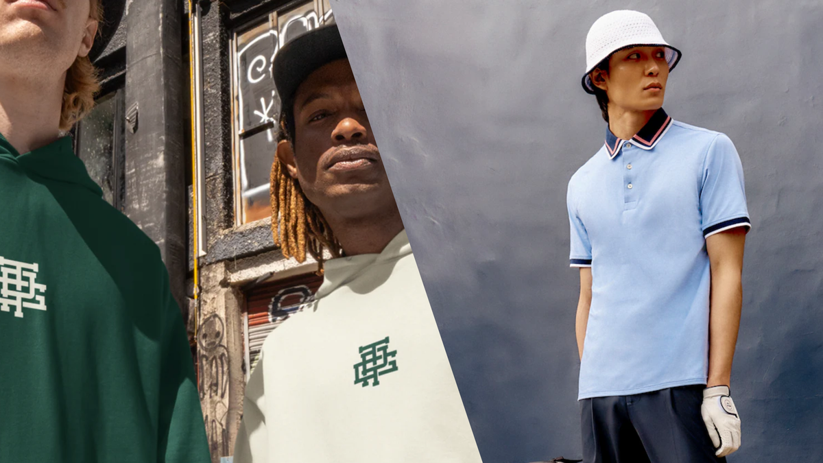 Split image: Three Putt Golf hoodies on the left, a man in a white bucket hat and light blue G/Fore polo on the right