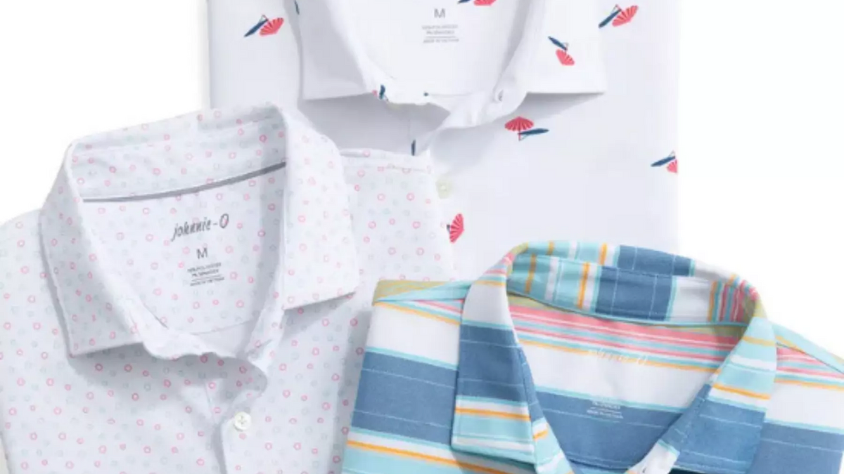 Three folded Johnnie-O polos: two white with small pink and red prints, one striped in blue, pink and yellow