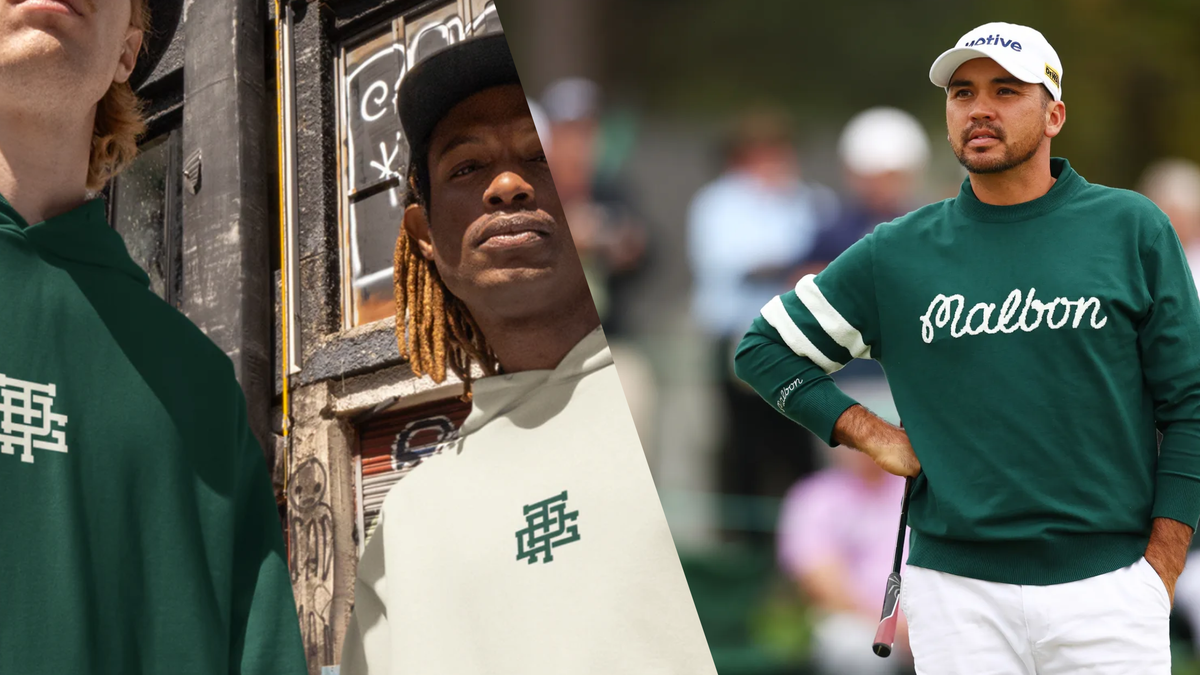 Split image: Three Putt Golf hoodies on the left, a golfer in a green Malbon jumper and white cap on the right