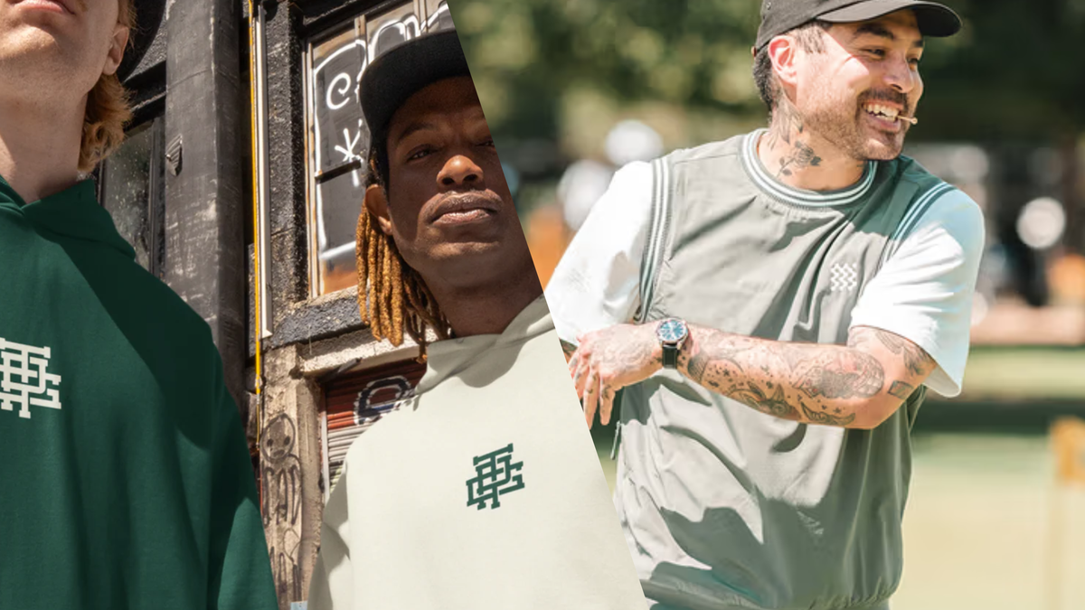 Split image: Three Putt Golf hoodies on the left, a smiling golfer in a grey Radry cap and sage top on the right