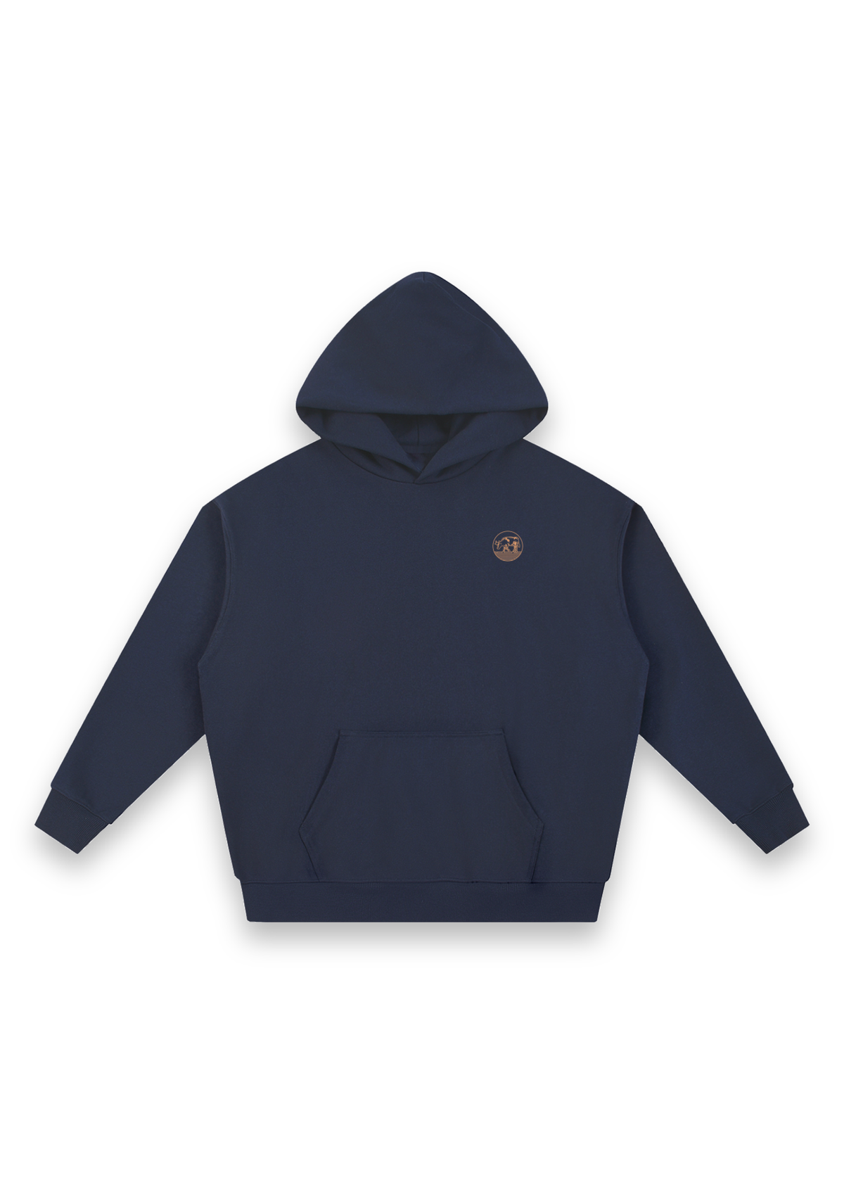 Contours golf hoodie in Navy, front view with the round cow badge on the chest #Colour_Navy