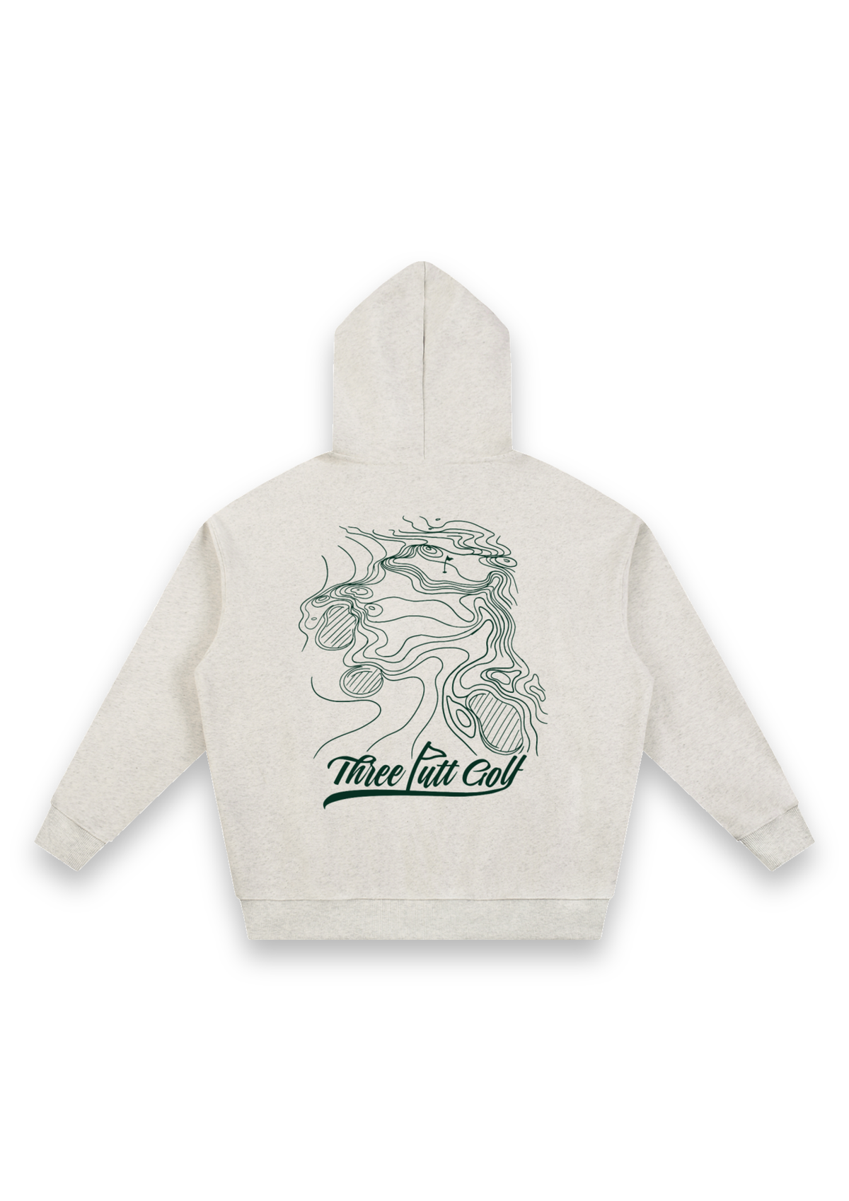 Contours golf hoodie in Oatmeal, back view showing the topographic map print #Colour_Oatmeal