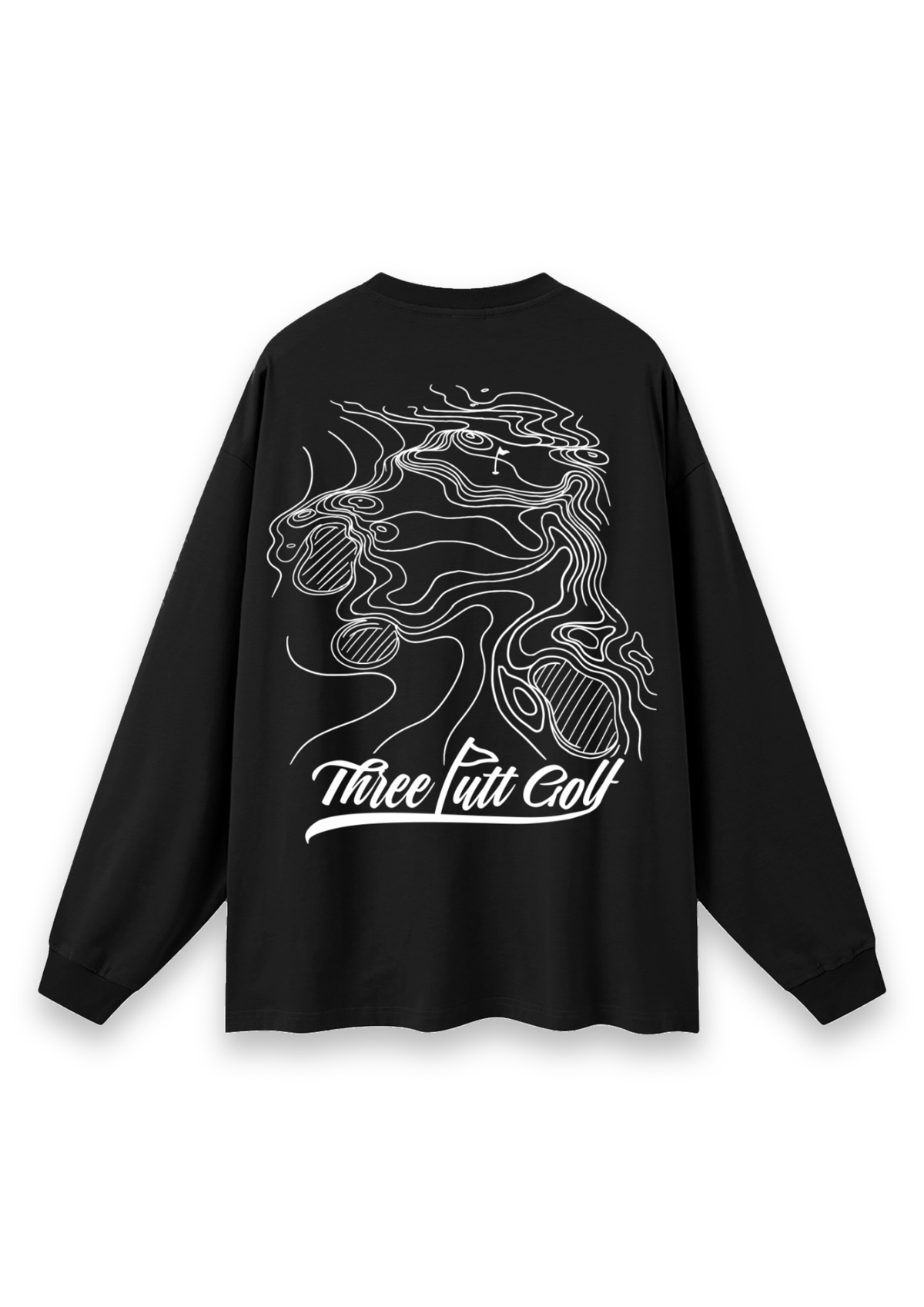 Contours golf long-sleeve tee in Black, back view showing the topographic map print #Colour_Black