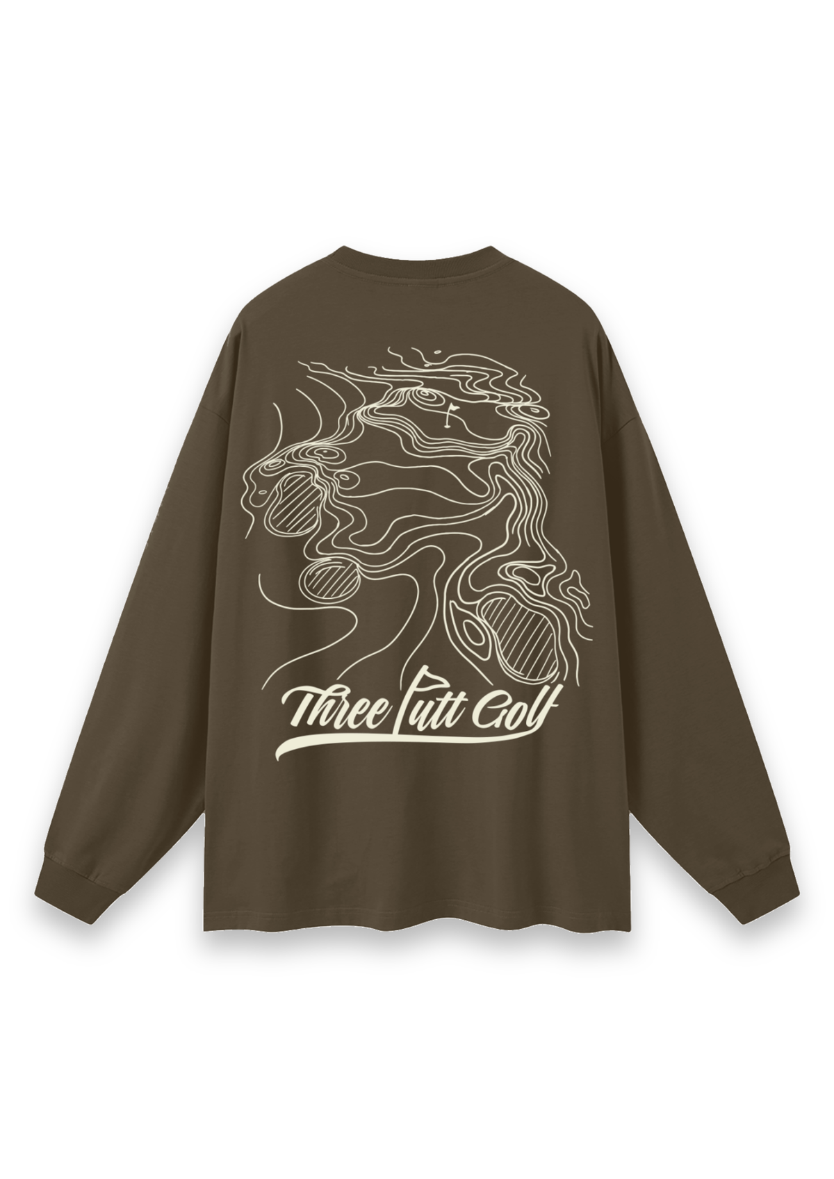 Contours golf long-sleeve tee in Brown, back view showing the topographic map print #Colour_Brown