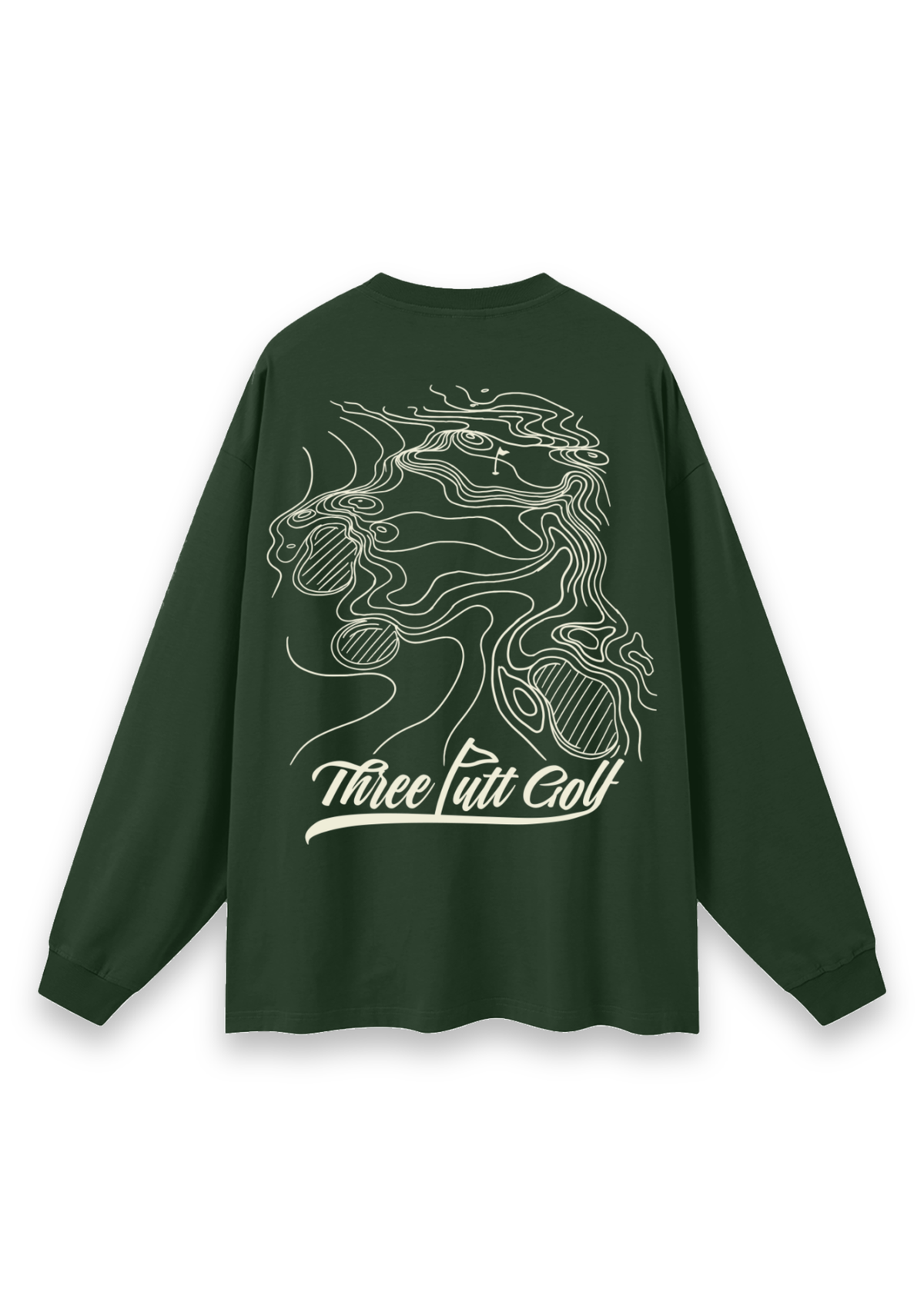 Contours golf long-sleeve tee in Forest Green, back view showing the topographic map print #Colour_Forest Green