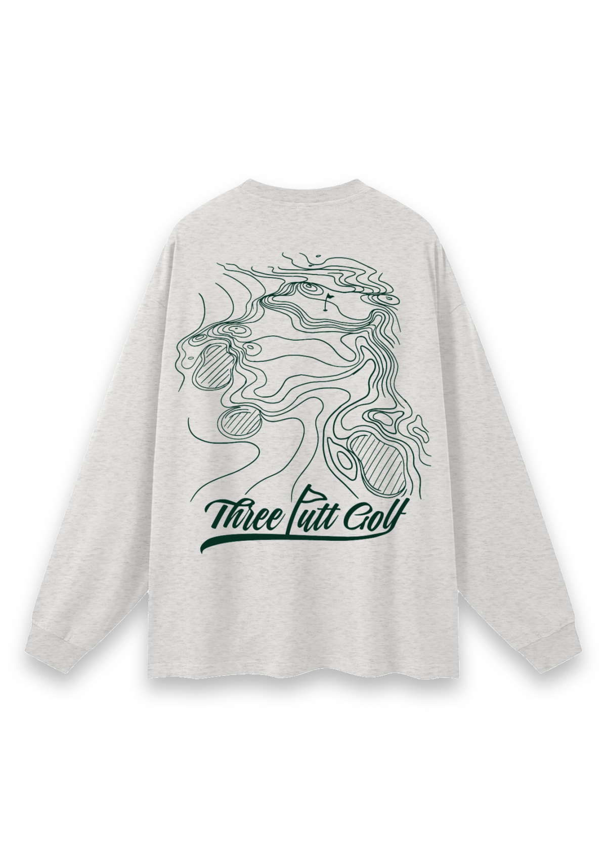 Contours golf long-sleeve tee in Oatmeal, back view showing the topographic map print #Colour_Oatmeal