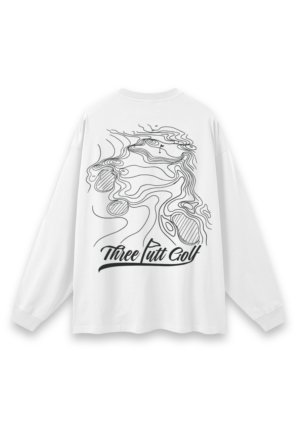 Contours golf long-sleeve tee in White, back view showing the topographic map print #Colour_White