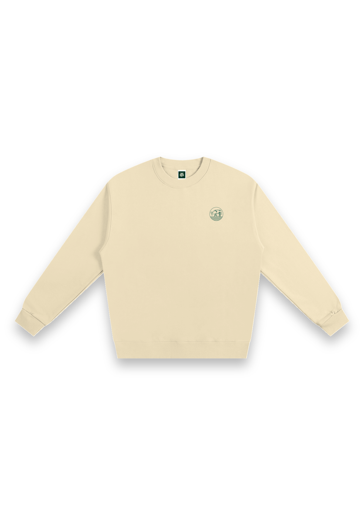 Contours golf sweatshirt in Cream, front view with the round cow badge on the chest #Colour_Cream