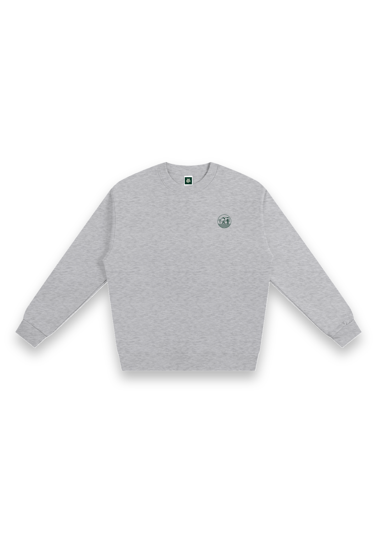 Contours golf sweatshirt in Grey Marl, front view with the round cow badge on the chest #Colour_Grey Marl