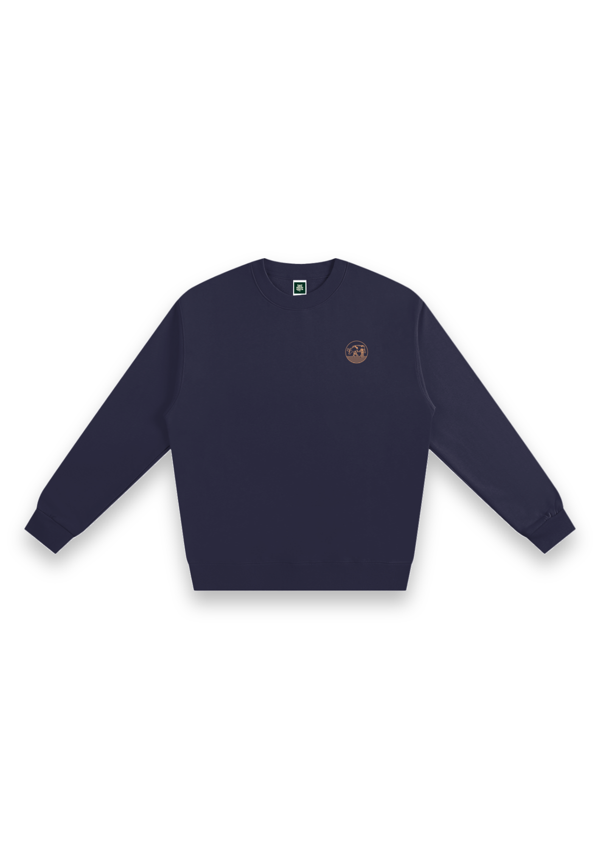 Contours golf sweatshirt in Navy, front view with the round cow badge on the chest #Colour_Navy