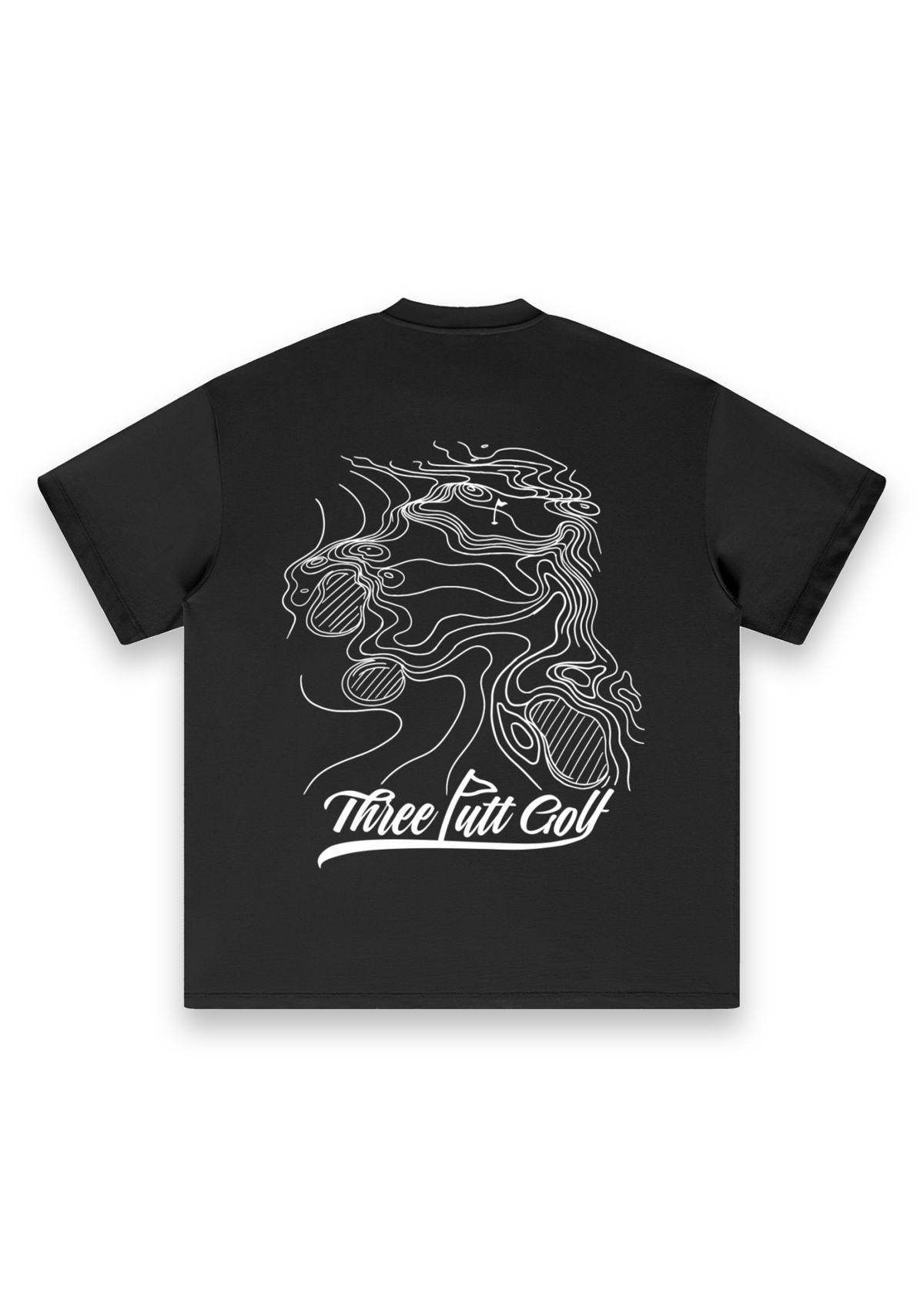 Contours golf T-shirt in Black, back view showing the topographic map print #Colour_Black