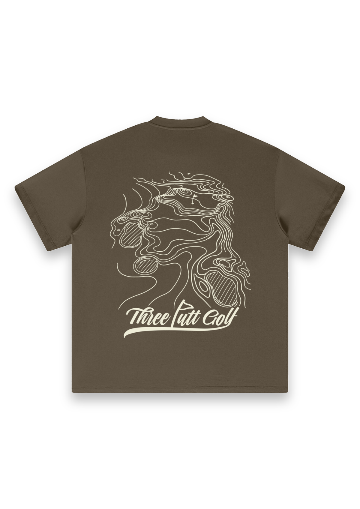 Contours golf T-shirt in Brown, back view showing the topographic map print #Colour_Brown