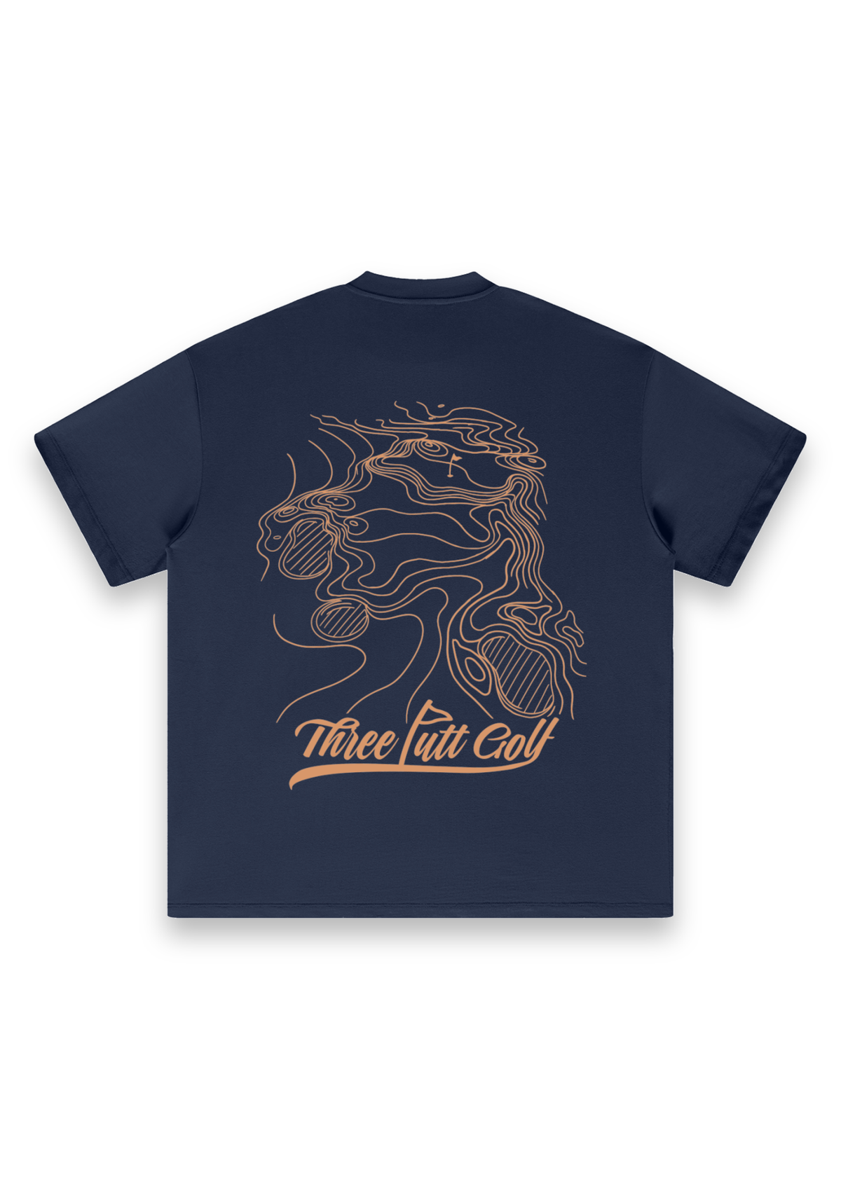 Contours golf T-shirt in Navy, back view showing the topographic map print #Colour_Navy