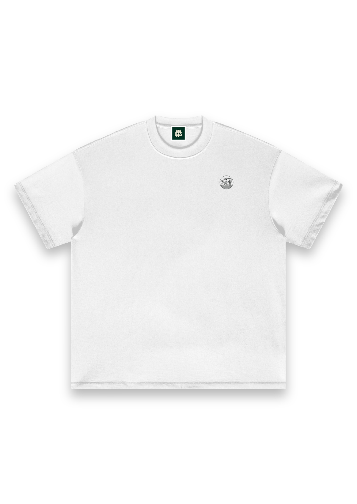 Contours golf T-shirt in White, front view with the round cow badge on the chest #Colour_White