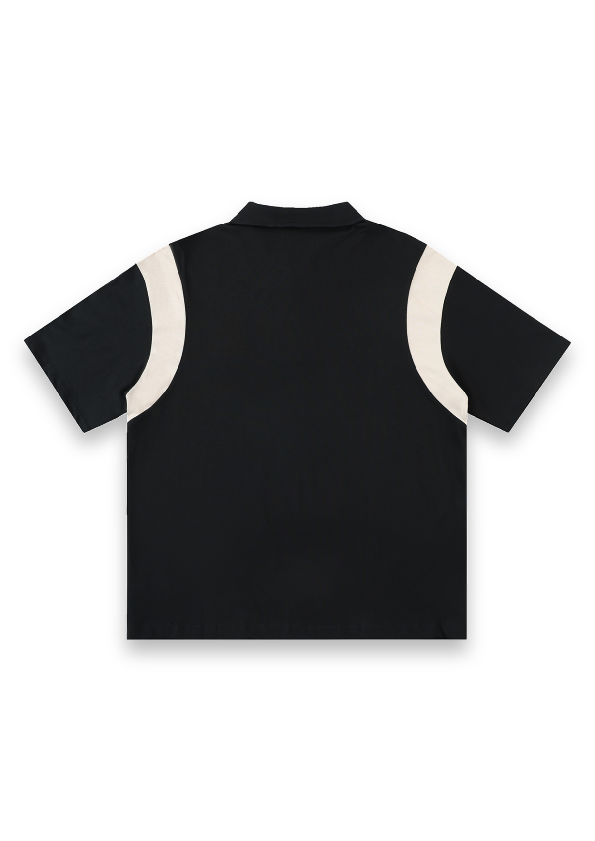 Dogleg cotton golf polo shirt in Black with Cream, back view showing the curved contrast panels across the back #Colour_Black with Cream
