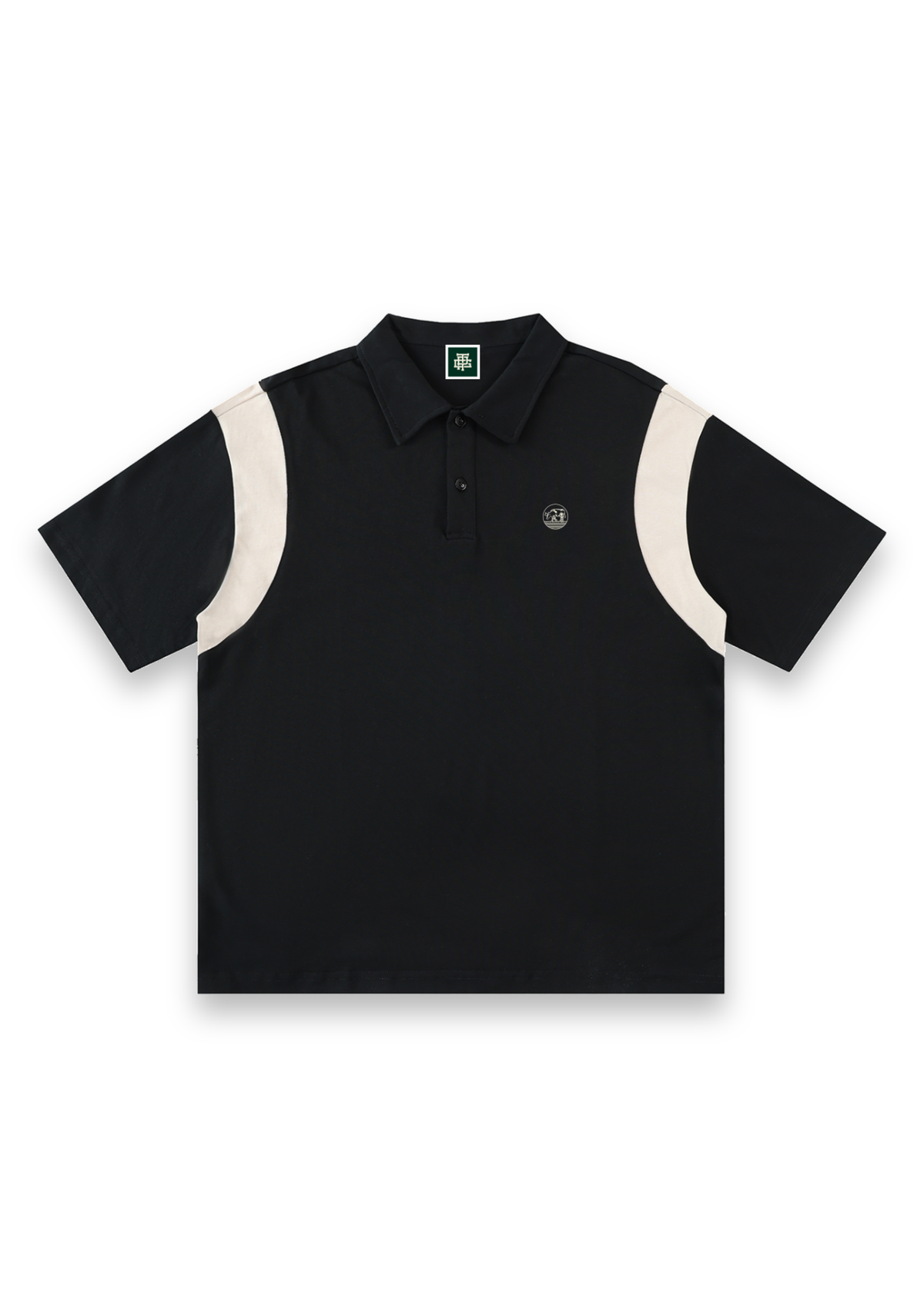 Dogleg cotton golf polo shirt in Black with Cream, front view with cream shoulder panels and the round Three Putt cow badge on the chest #Colour_Black with Cream