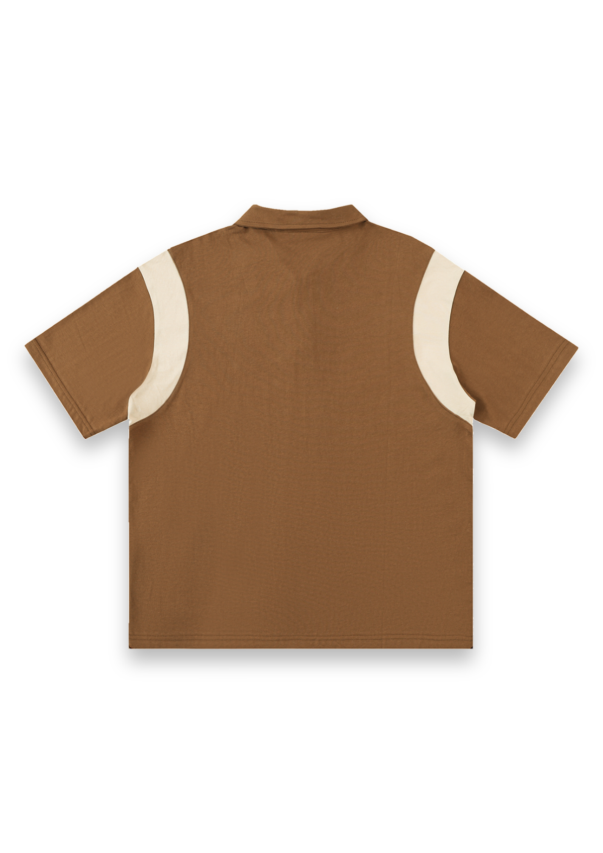Dogleg cotton golf polo shirt in Brown with Cream, back view showing the curved contrast panels across the back #Colour_Brown with Cream