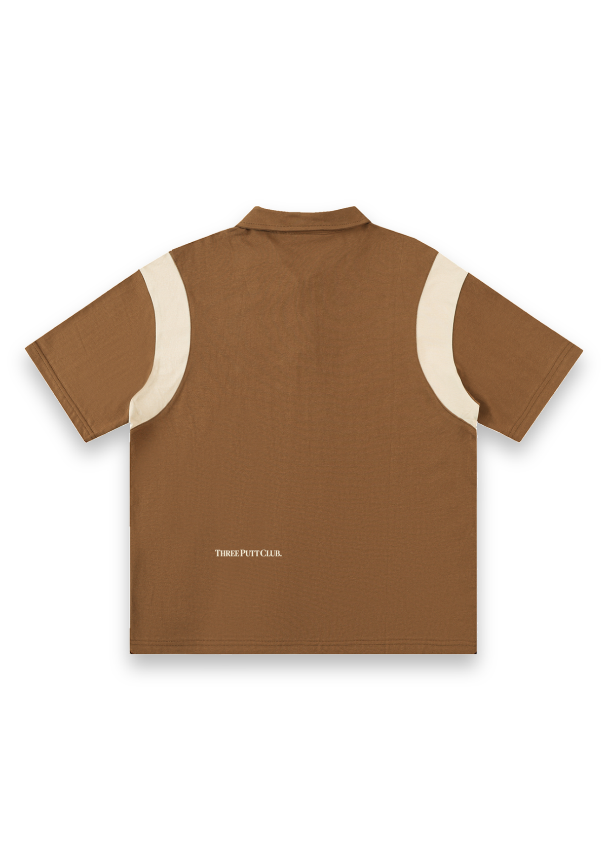 Dogleg cotton golf polo shirt in Brown with Cream, back view showing the curved contrast panels across the back and the Three Putt Club wordmark on the lower back #Colour_Brown with Cream
