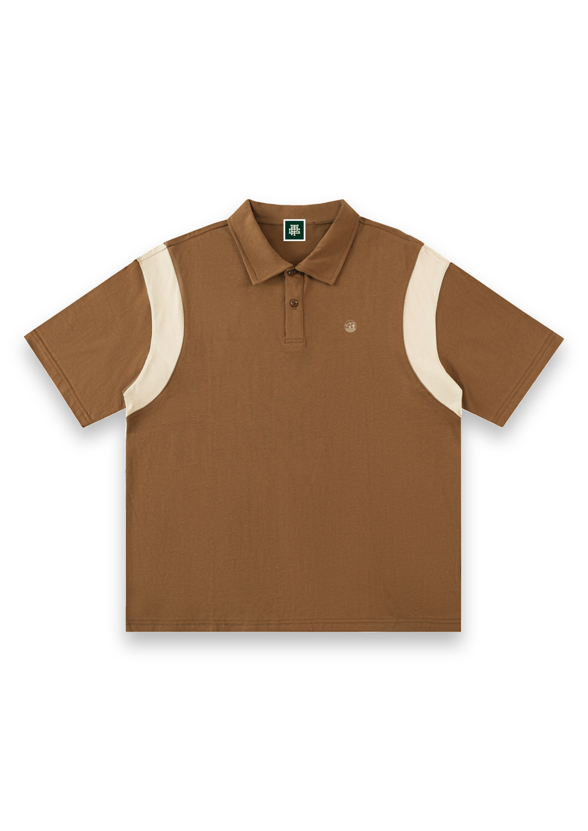 Dogleg cotton golf polo shirt in Brown with Cream, front view with cream shoulder panels and the round Three Putt cow badge on the chest #Colour_Brown with Cream