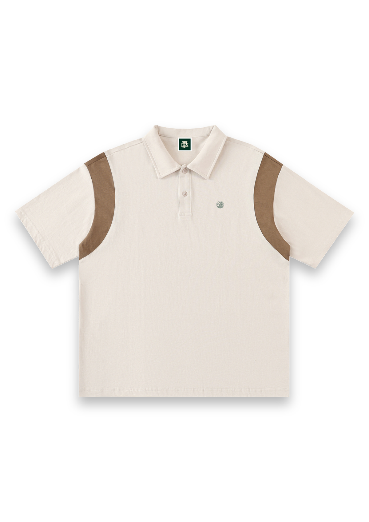 Dogleg cotton golf polo shirt in Off-White with Tan, front view with tan shoulder panels and the round Three Putt cow badge on the chest #Colour_Off-White with Tan