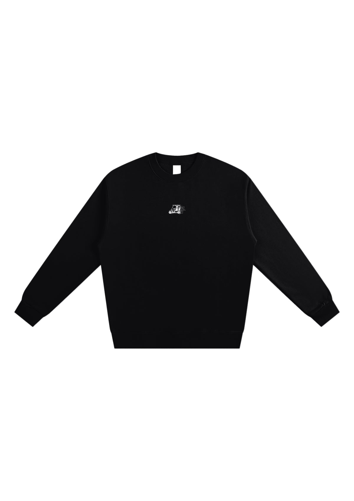 Reckless Driving golf sweatshirt in Black, front view with the cow driving a golf cart printed on the chest