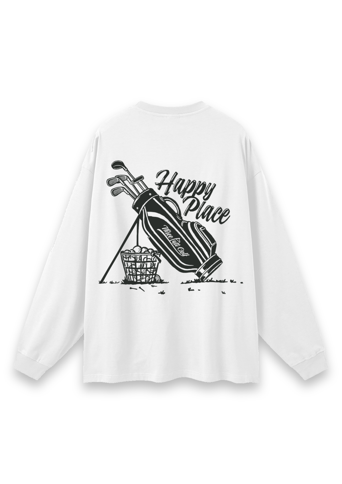 Happy Place golf long-sleeve tee in White, back view showing the golf bag, range-ball basket and Happy Place script #Colour_White