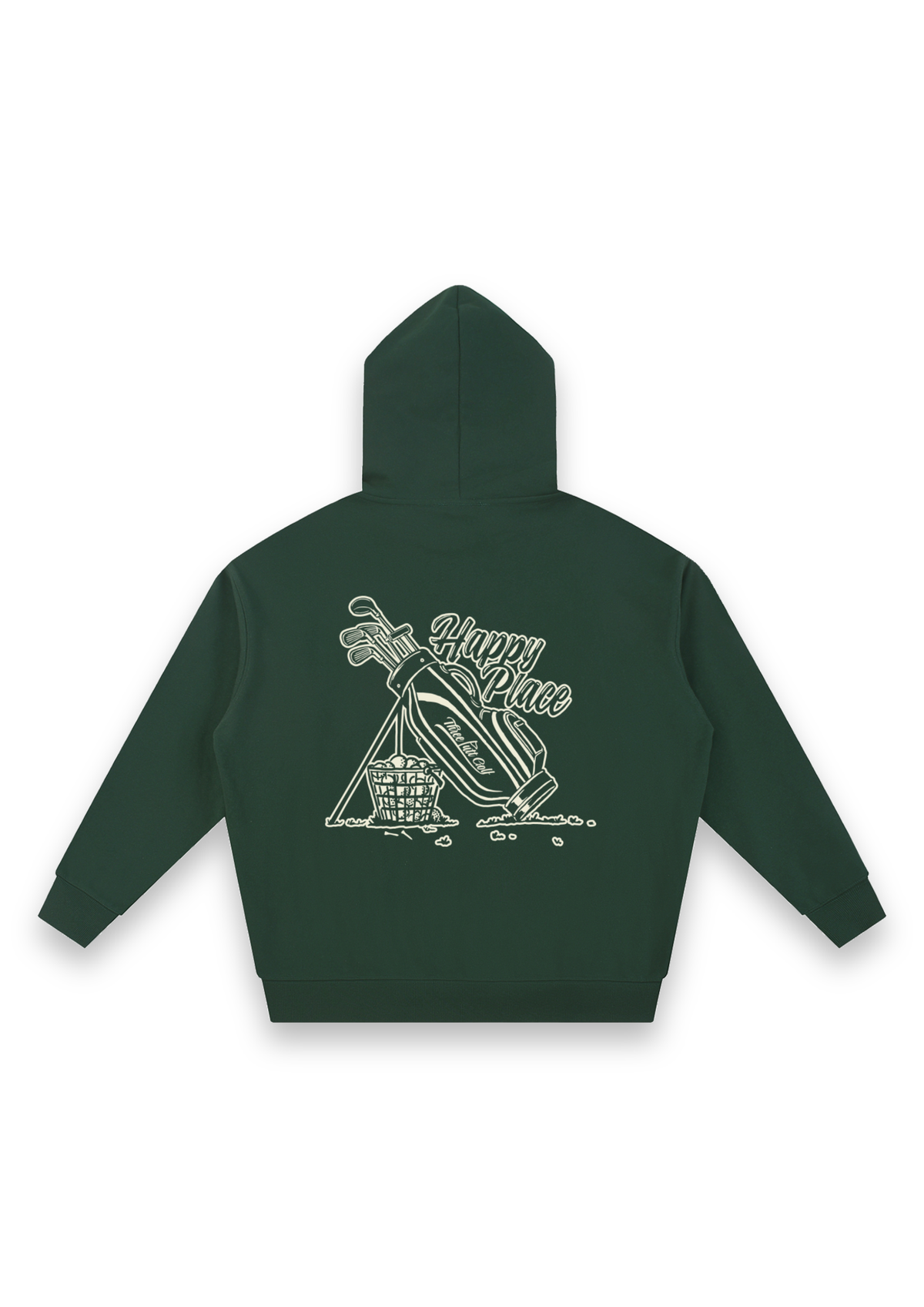 Happy Place golf hoodie in Forest Green, back view showing the golf bag, range-ball basket and Happy Place script #Colour_Forest Green