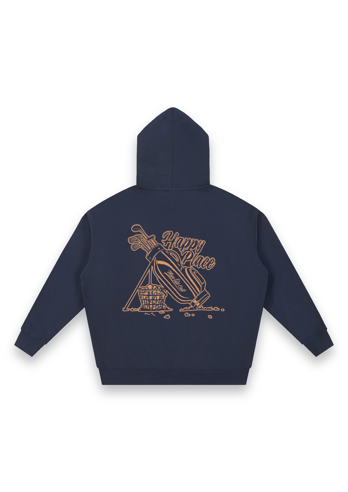 Happy Place golf hoodie in Navy, back view showing the golf bag, range-ball basket and Happy Place script #Colour_Navy