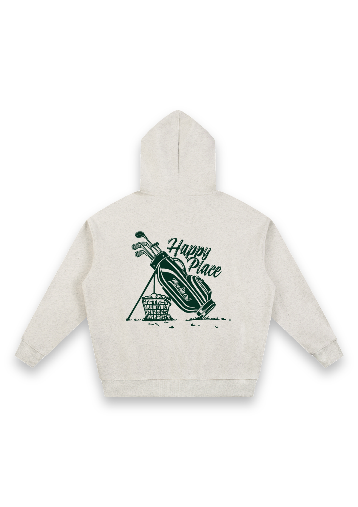 Happy Place golf hoodie in Oatmeal, back view showing the golf bag, range-ball basket and Happy Place script #Colour_Oatmeal