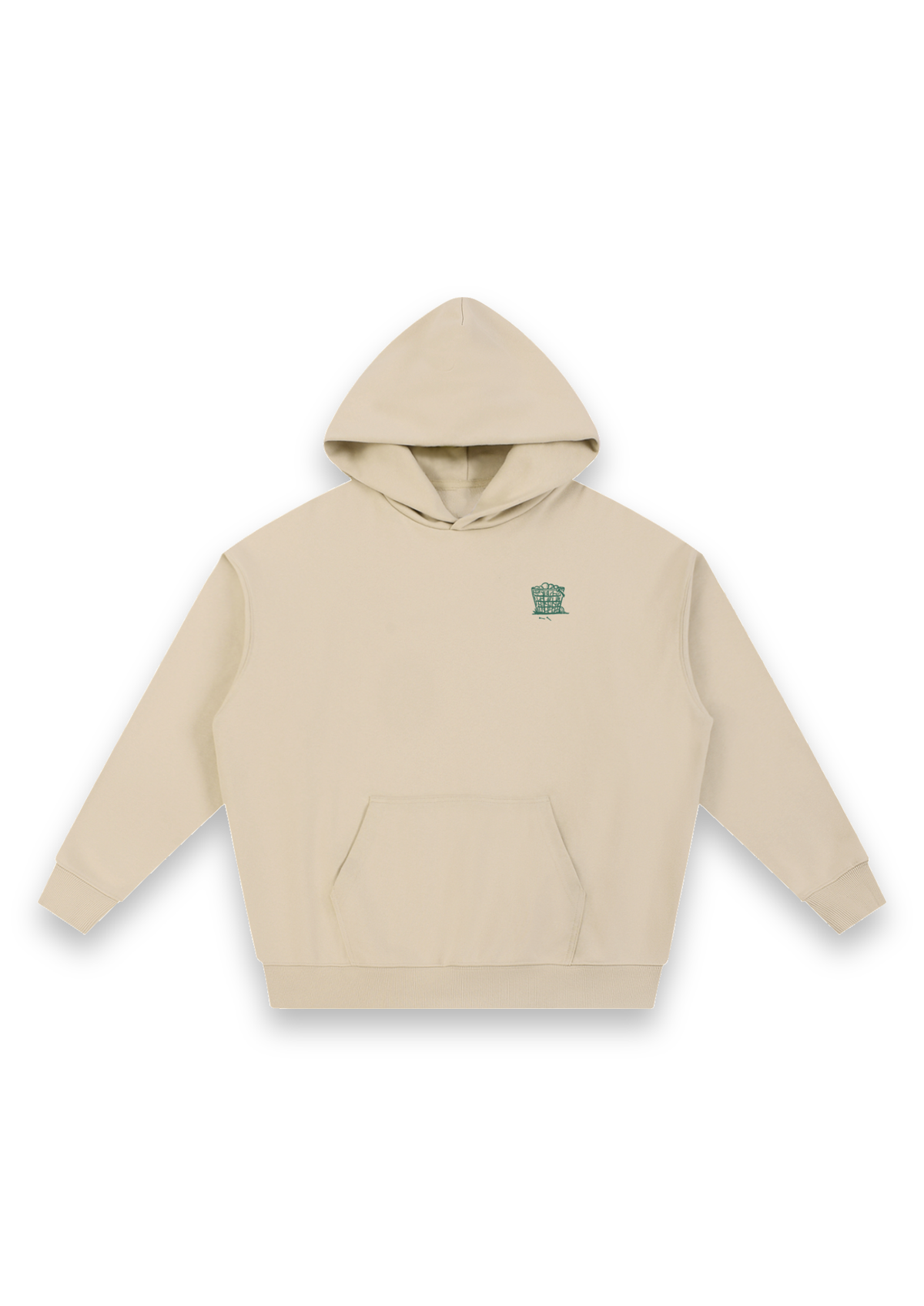 Happy Place golf hoodie in Sand, front view with the range-ball basket on the chest #Colour_Sand