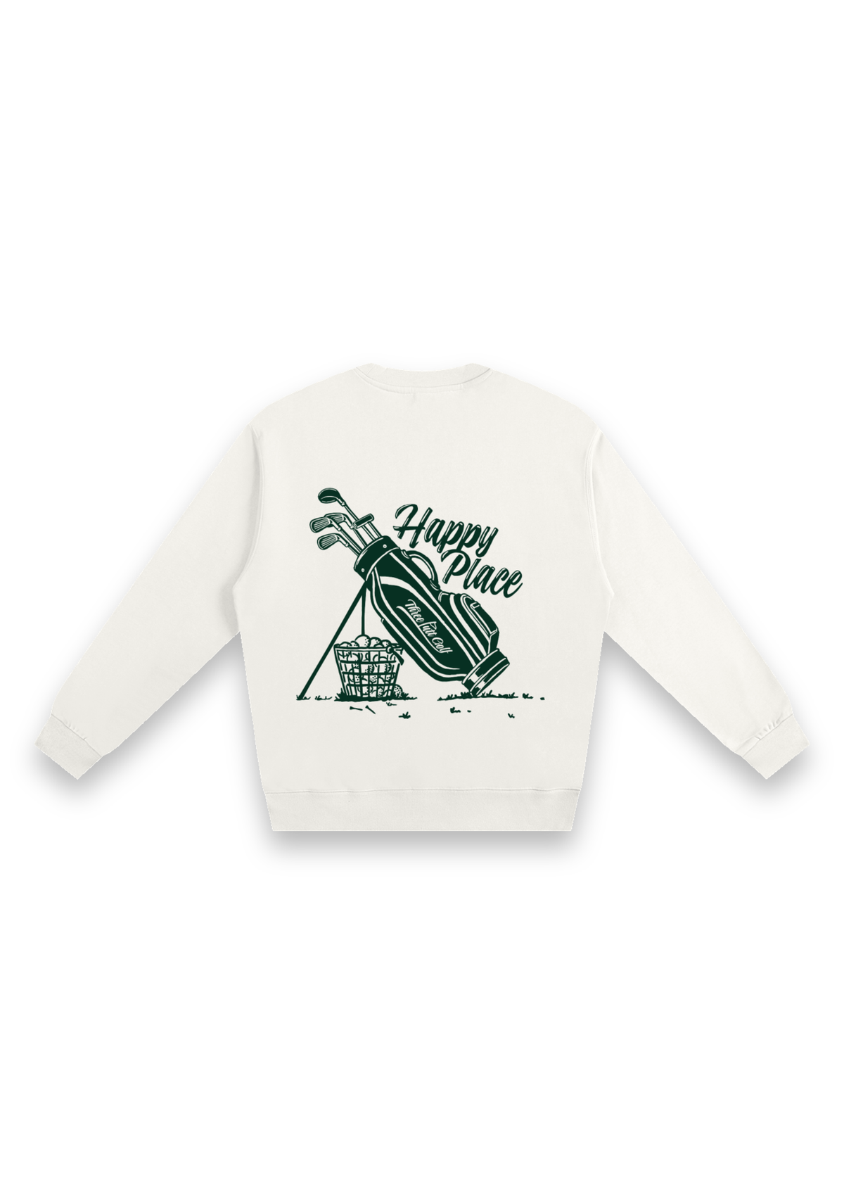 Happy Place golf sweatshirt in Off-White, back view showing the golf bag, range-ball basket and Happy Place script #Colour_Off-White