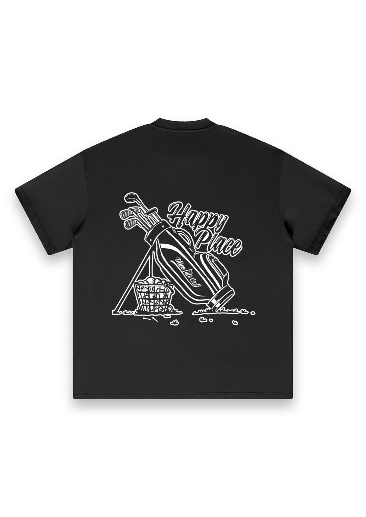 Happy Place golf T-shirt in Black, back view showing the golf bag, range-ball basket and Happy Place script #Colour_Black