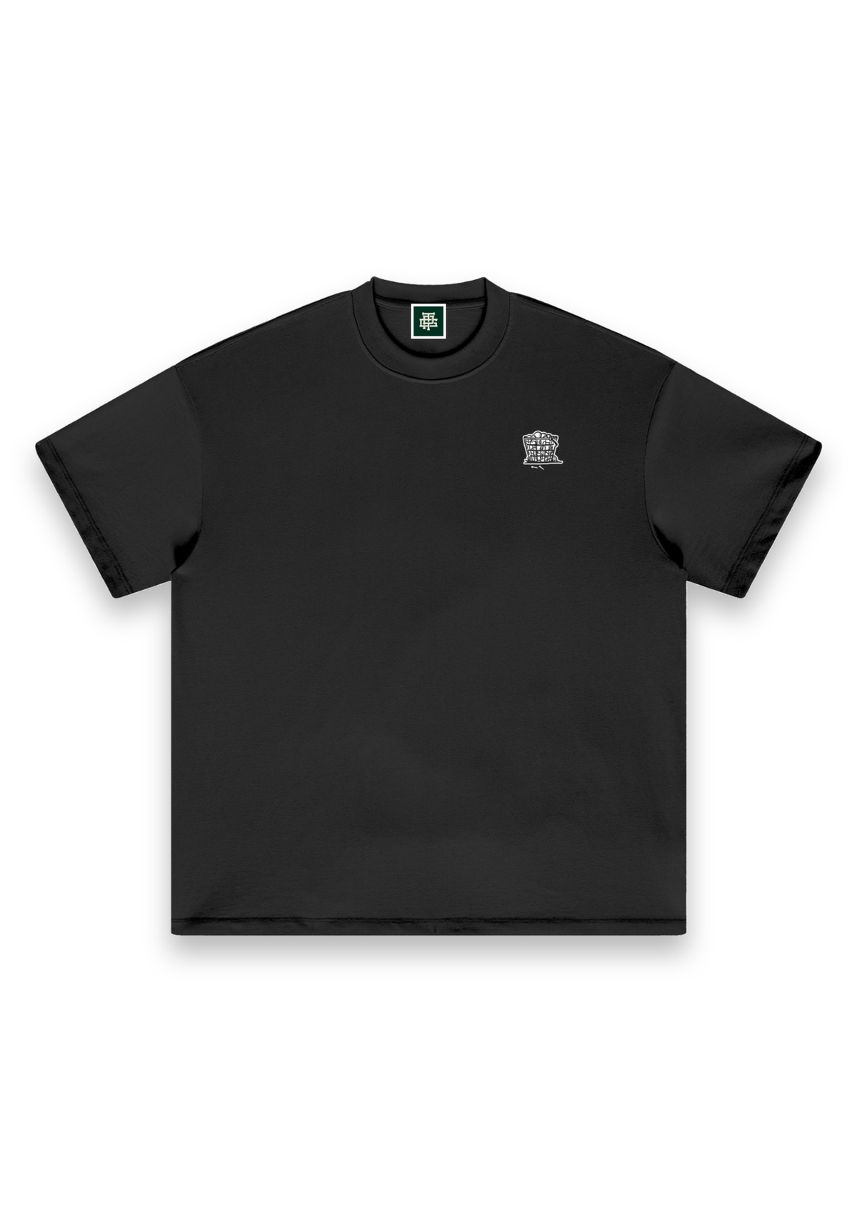 Happy Place golf T-shirt in Black, front view with the range-ball basket on the chest #Colour_Black
