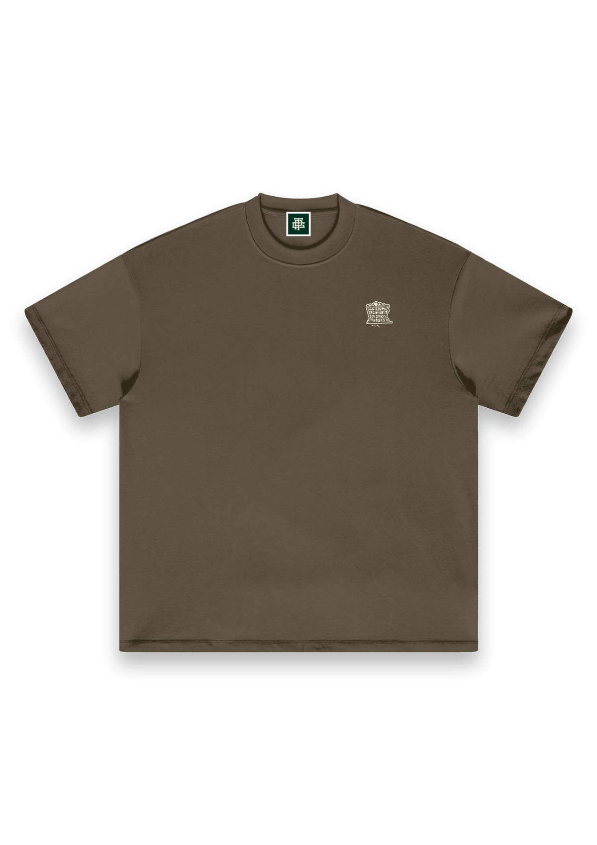 Happy Place golf T-shirt in Brown, front view with the range-ball basket on the chest #Colour_Brown