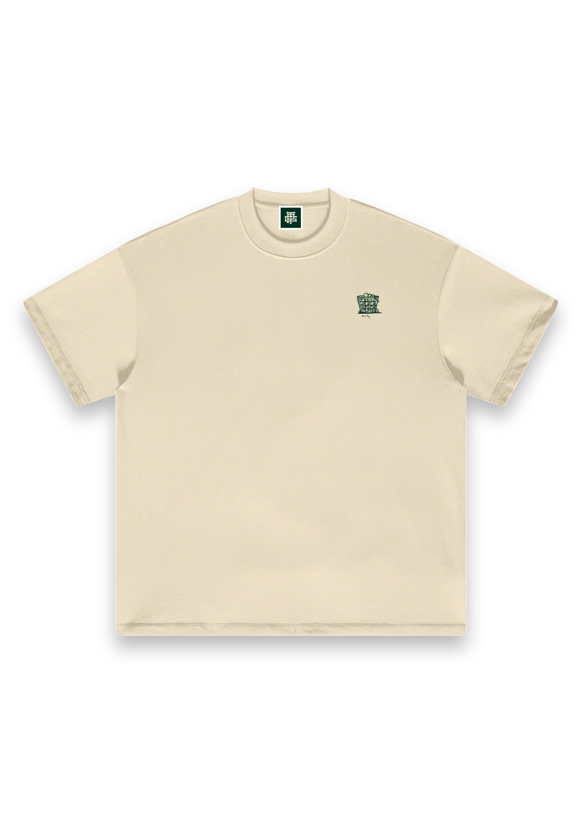 Happy Place golf T-shirt in Cream, front view with the range-ball basket on the chest #Colour_Cream