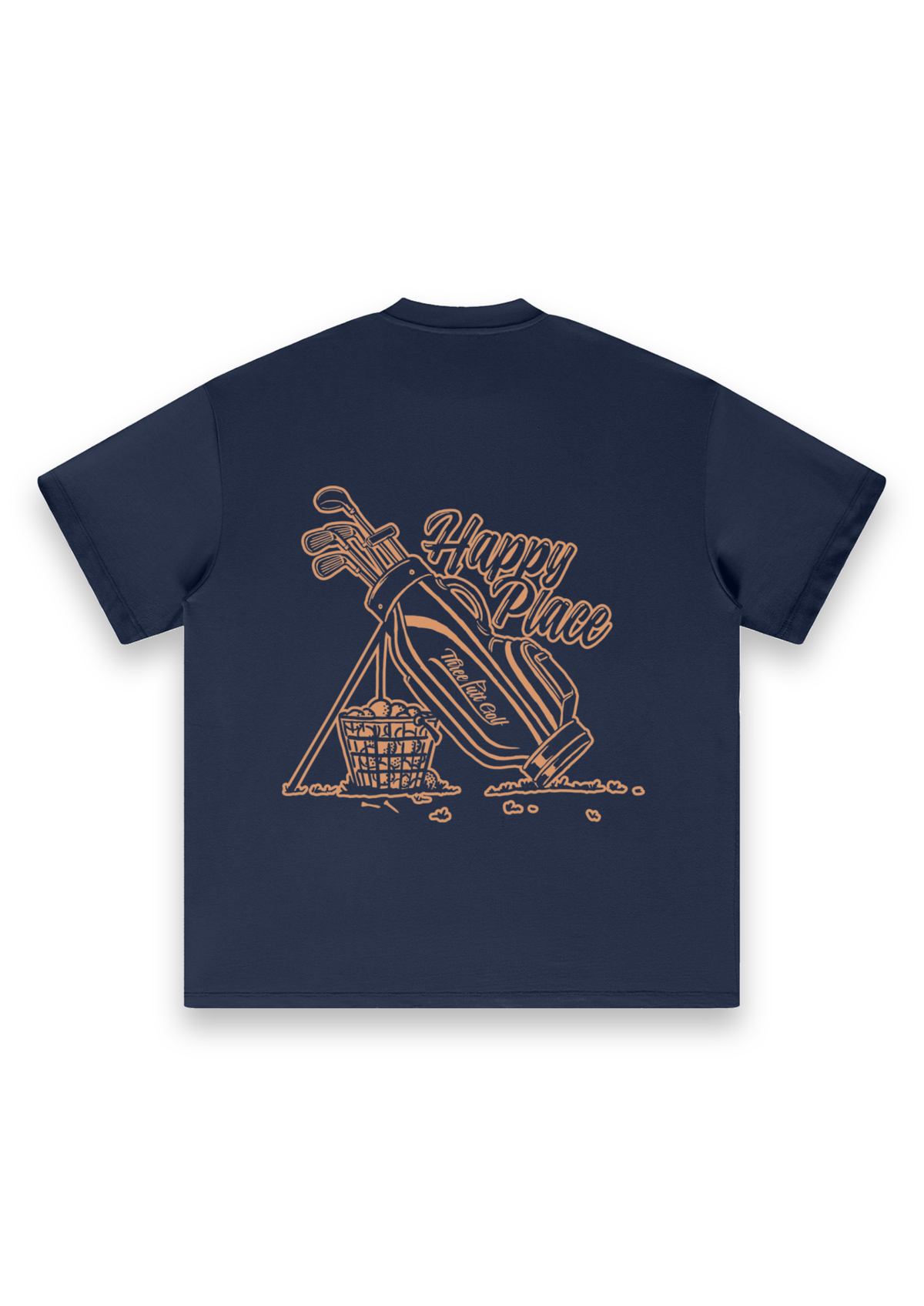 Happy Place golf T-shirt in Navy, back view showing the golf bag, range-ball basket and Happy Place script #Colour_Navy