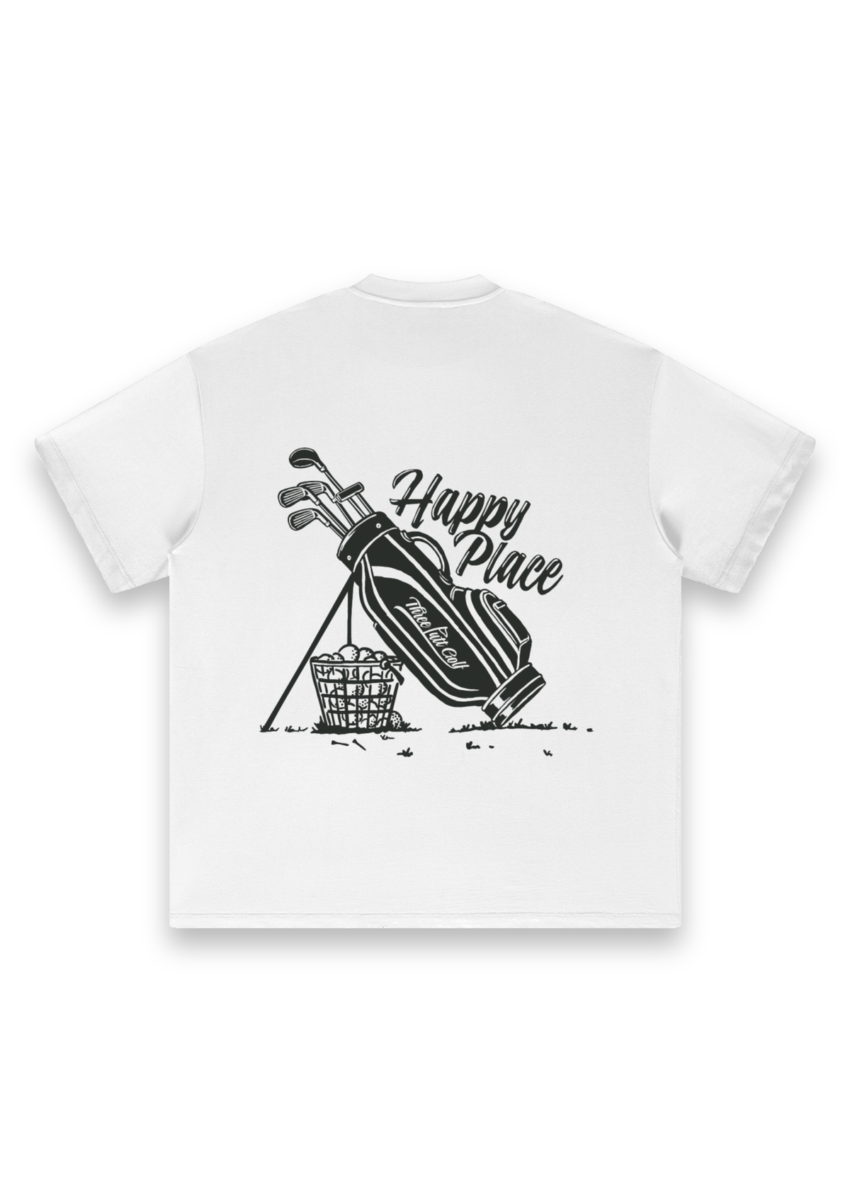 Happy Place golf T-shirt in White, back view showing the golf bag, range-ball basket and Happy Place script #Colour_White