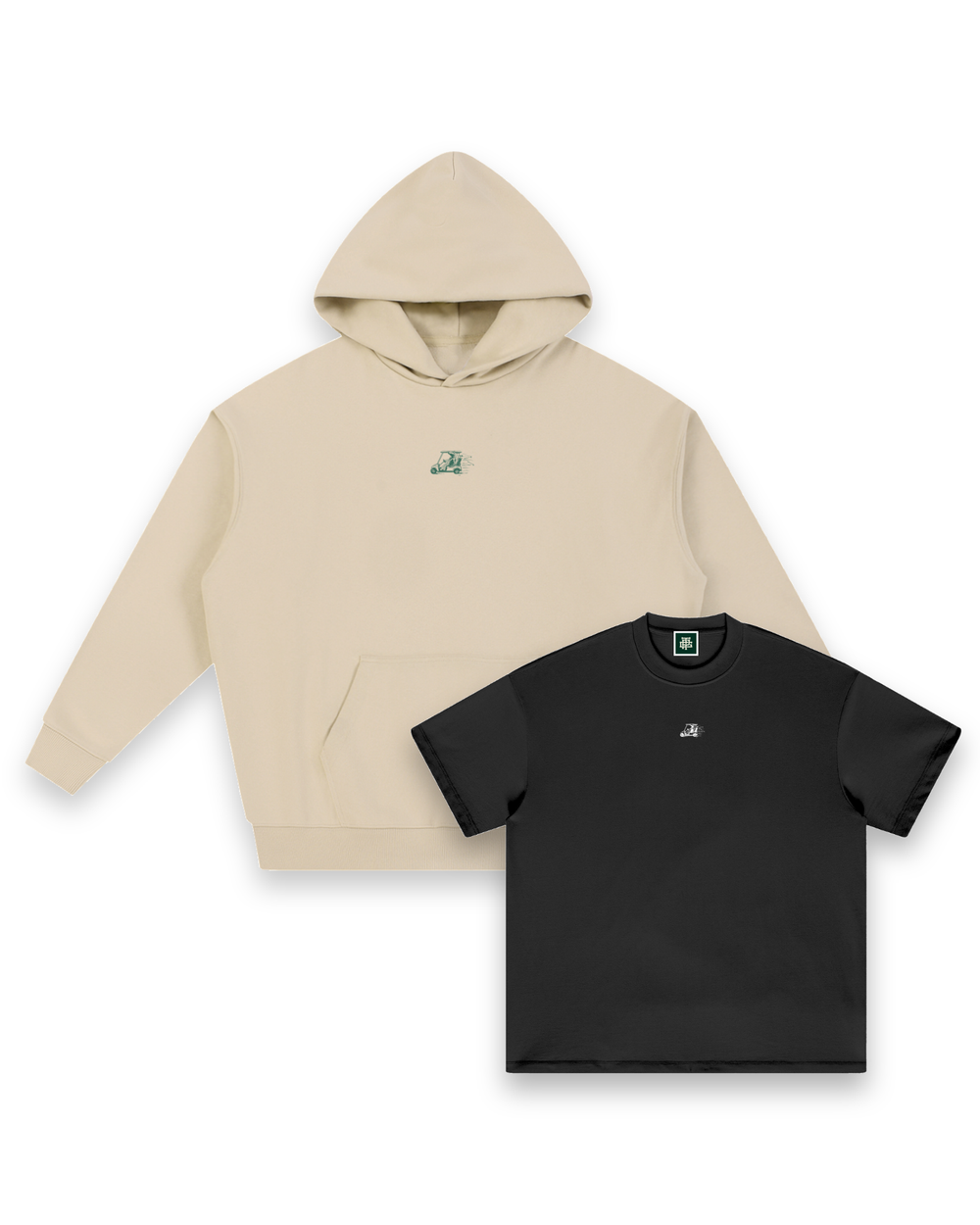 Reckless Driving hoodie in Sand seen from the front, layered behind the Reckless Driving tee in Black
