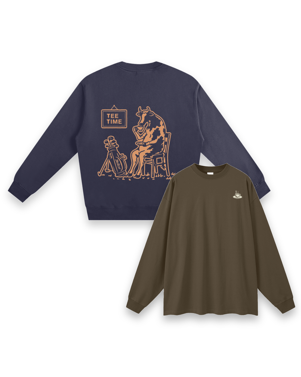 Tee Time sweatshirt in Navy seen from the back, layered behind the Tee Time long-sleeve tee in Brown