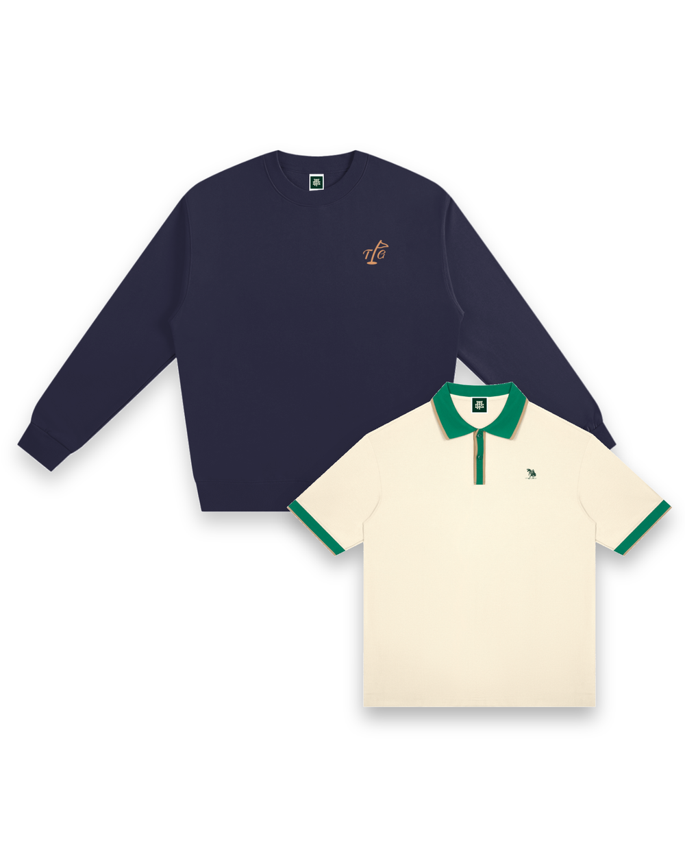 Three on the Green sweatshirt in Navy seen from the front, layered behind The Caddie polo in Cream with Green