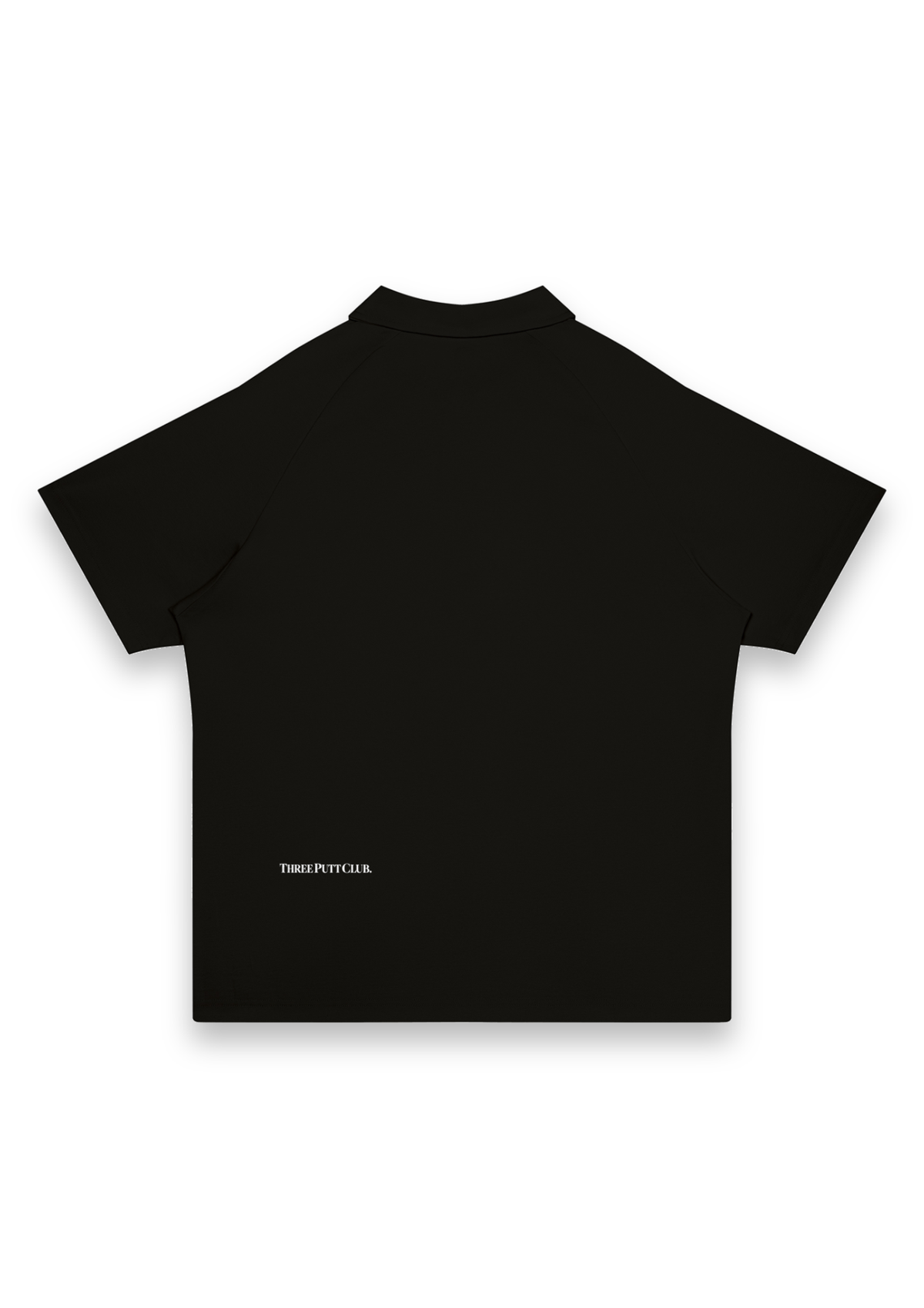 Pin High golf polo shirt in Black, back view showing the raglan sleeves and the Three Putt Club wordmark on the lower back #Colour_Black