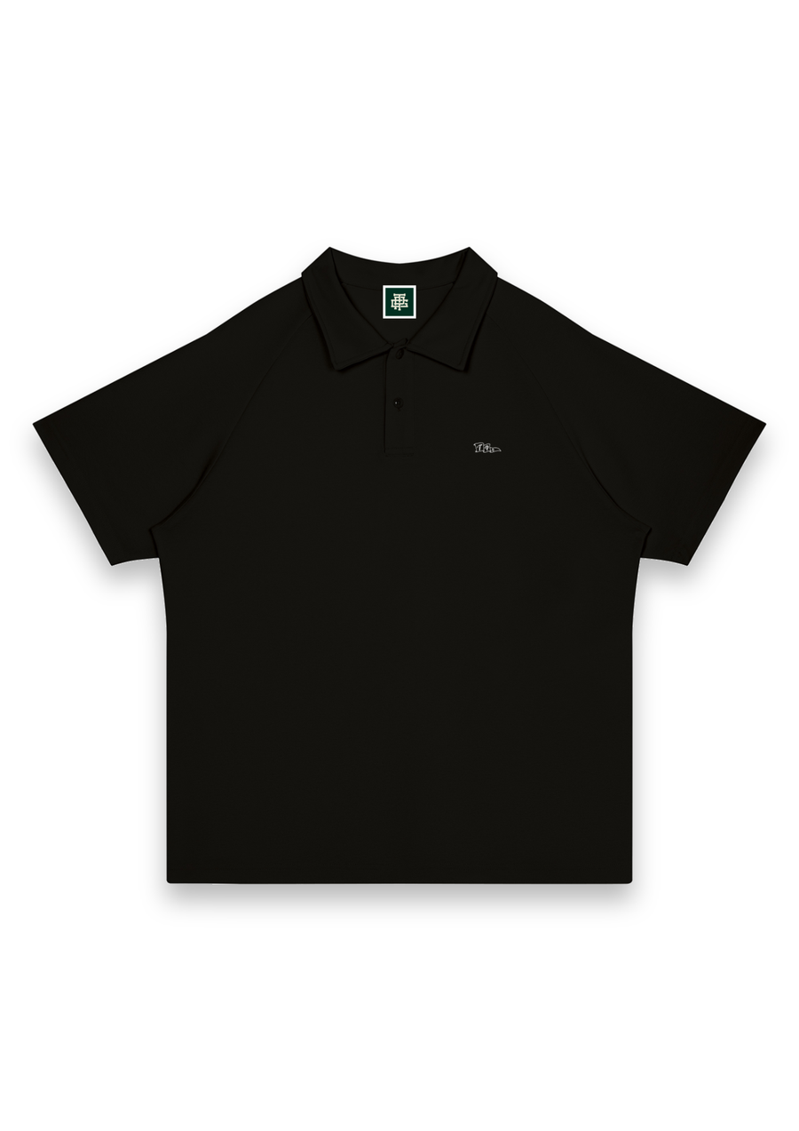 Pin High golf polo shirt in Black, front view with the TPG flag mark on the chest #Colour_Black