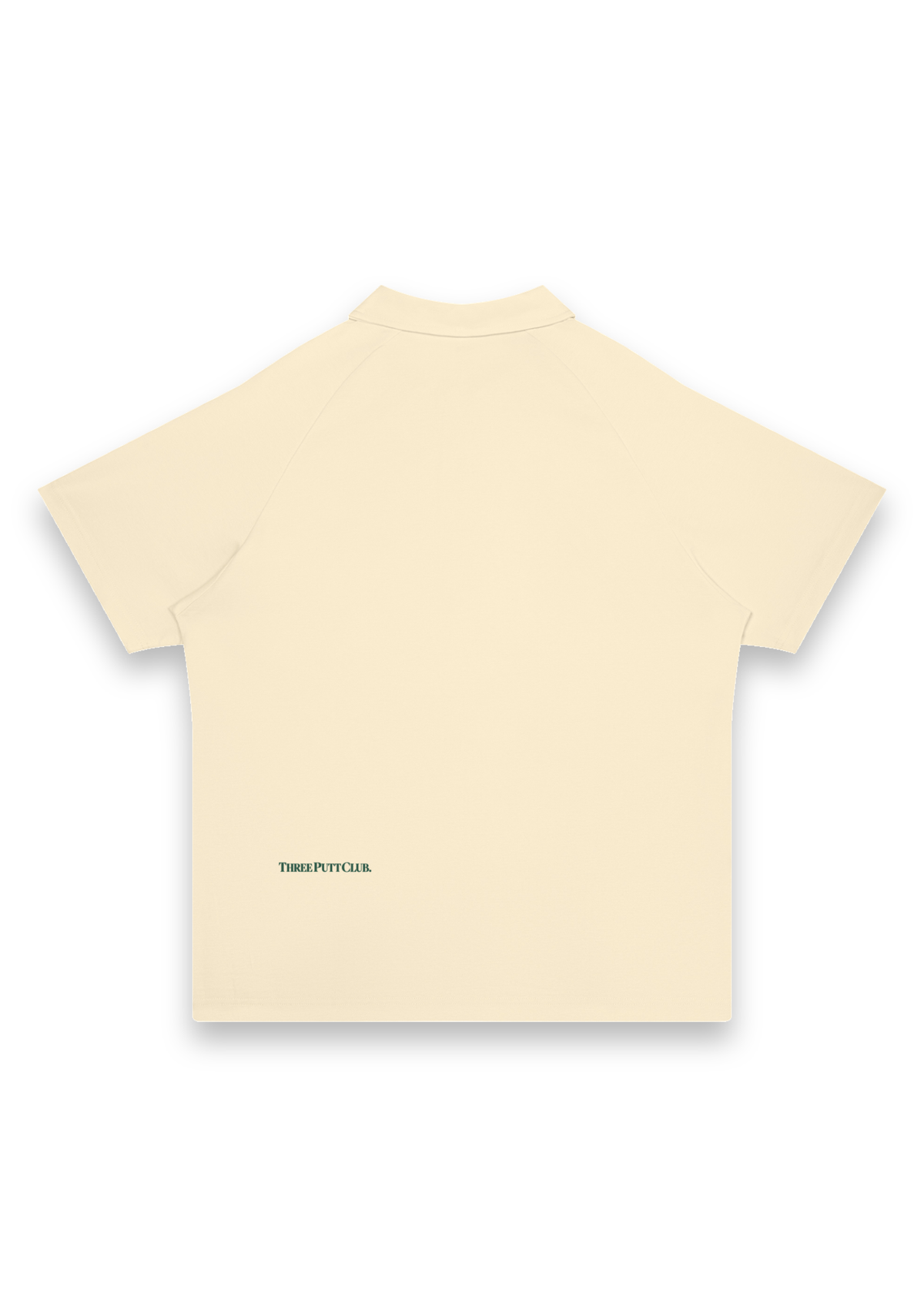 Pin High golf polo shirt in Cream, back view showing the raglan sleeves and the Three Putt Club wordmark on the lower back #Colour_Cream