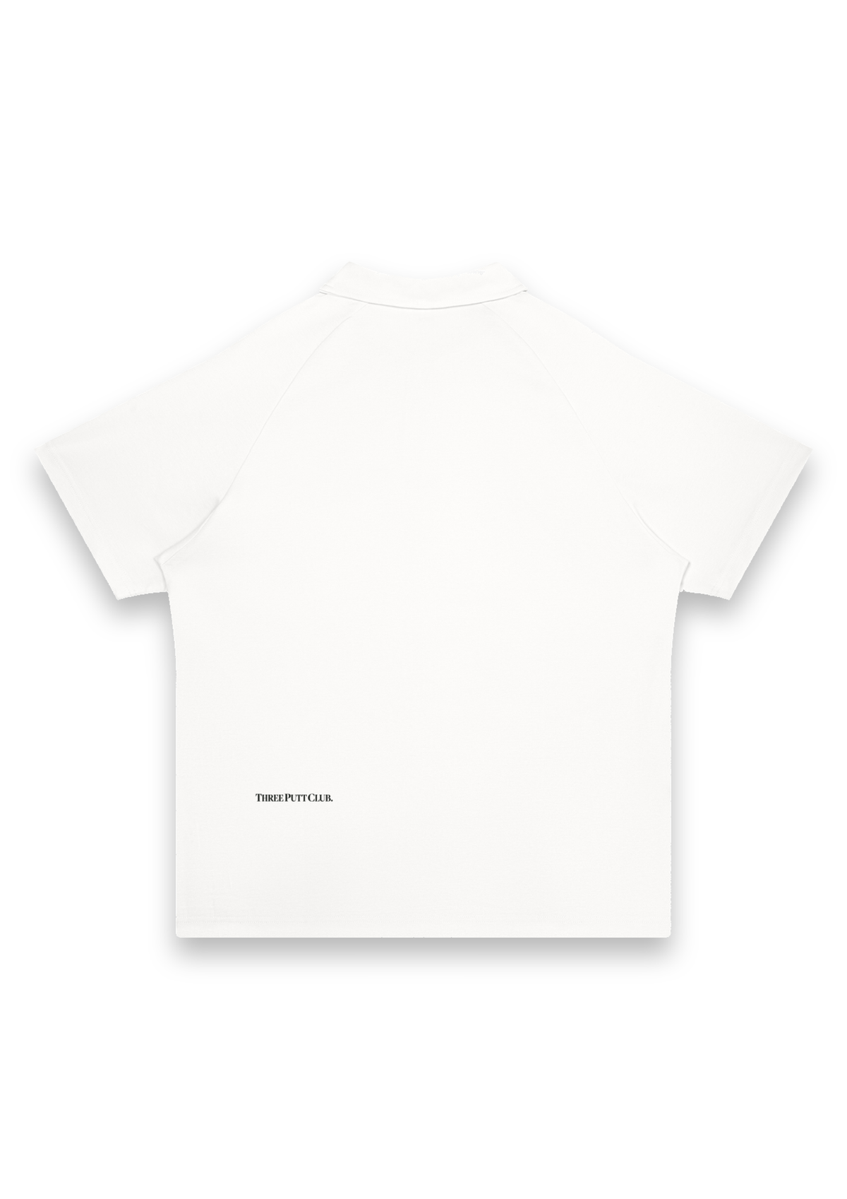 Pin High golf polo shirt in White, back view showing the raglan sleeves and the Three Putt Club wordmark on the lower back #Colour_White