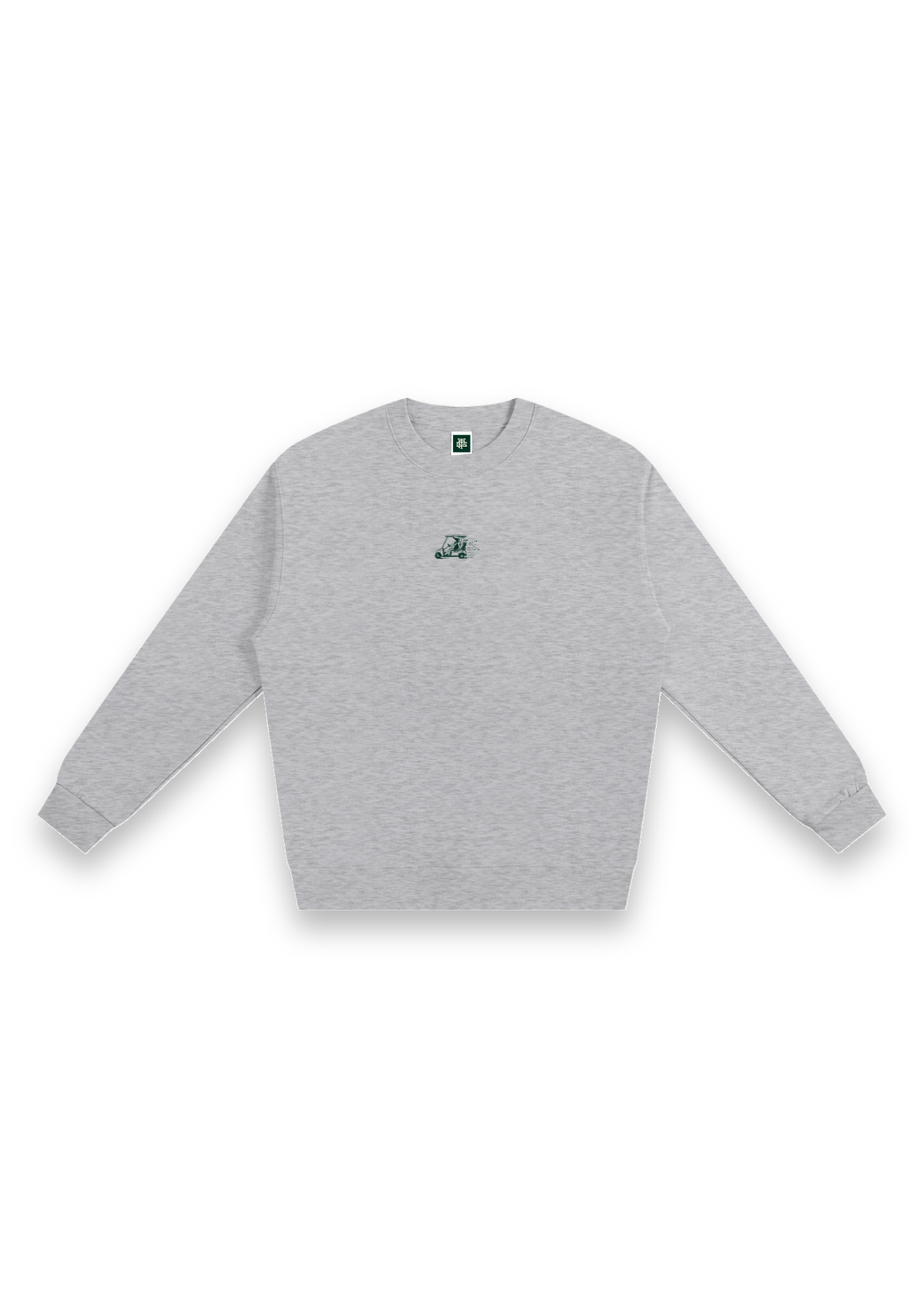 Reckless Driving golf sweatshirt in Grey Marl, front view with the cow driving a golf cart printed on the chest #Colour_Grey Marl