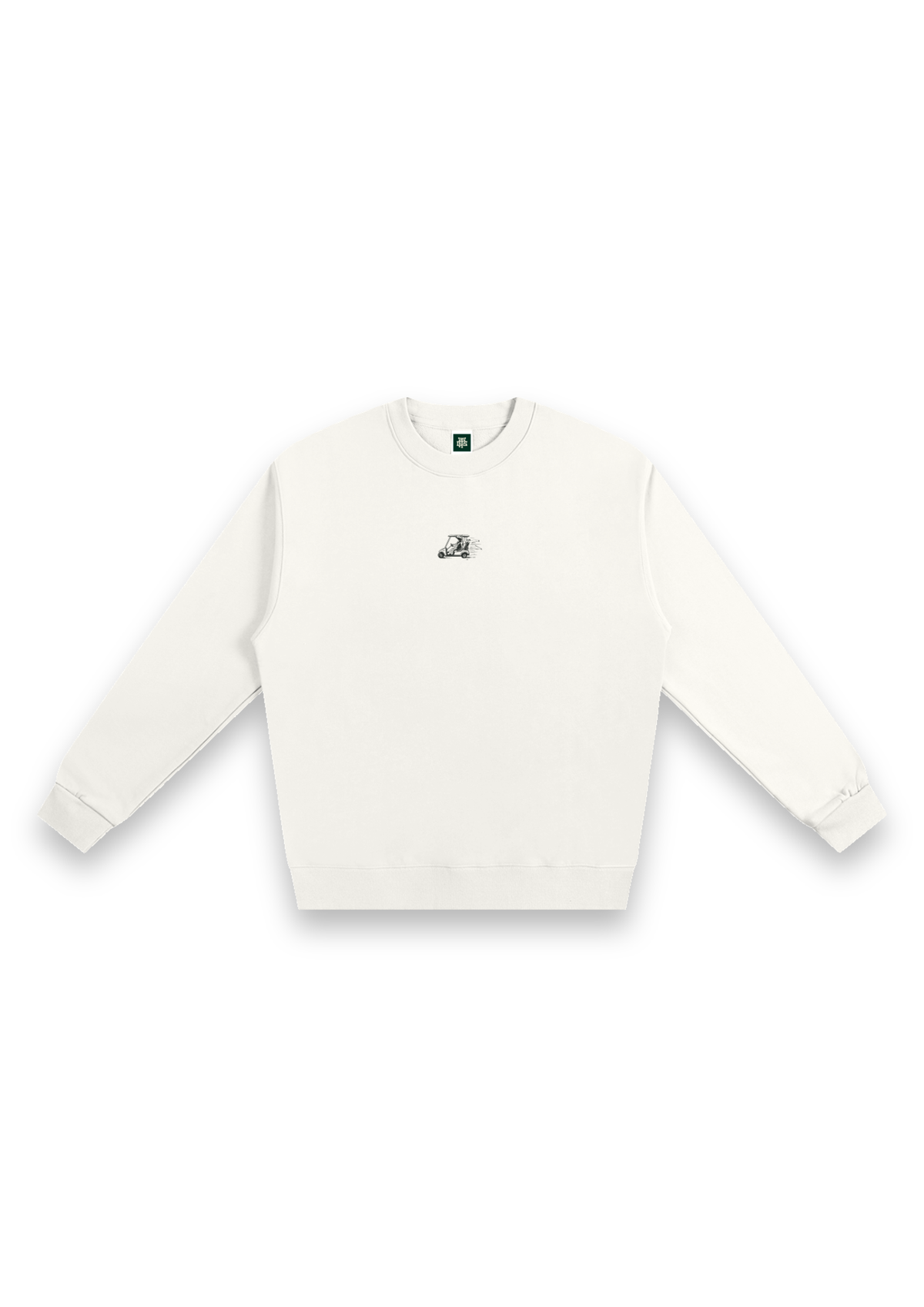 Reckless Driving golf sweatshirt in Off-White, front view with the cow driving a golf cart printed on the chest #Colour_Off-White