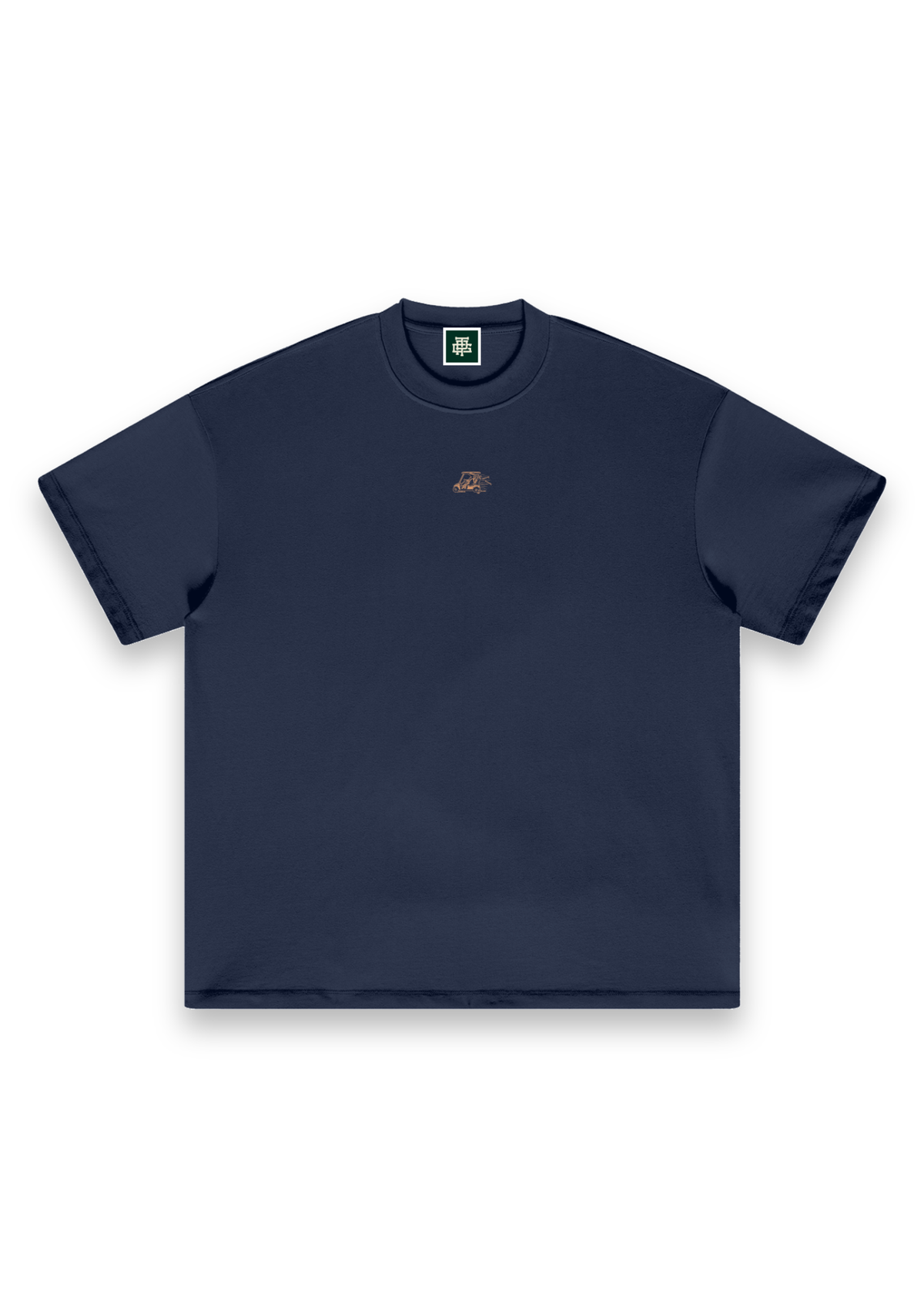 Reckless Driving golf T-shirt in Navy, front view with the cow driving a golf cart printed on the chest #Colour_Navy